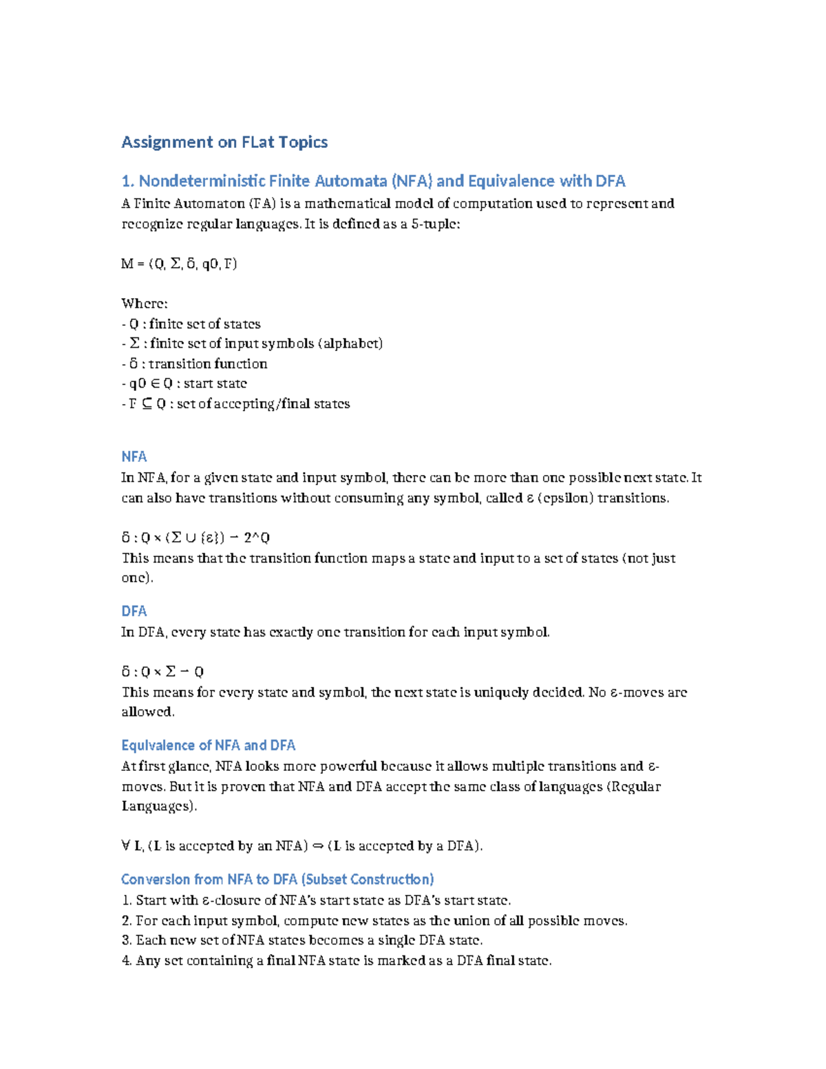 FLAT Assignment: NFA, DFA, and Regular Grammars Explained - Studocu