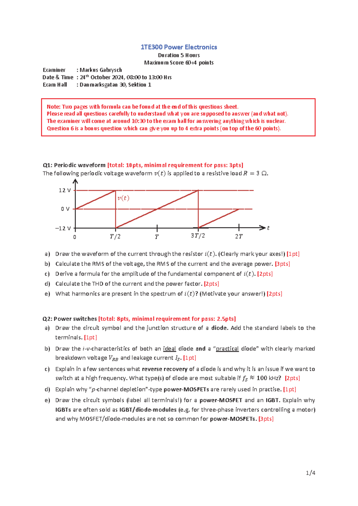 Exam HT2024 1TE300: Power Electronics Study Guide and Questions - Studocu