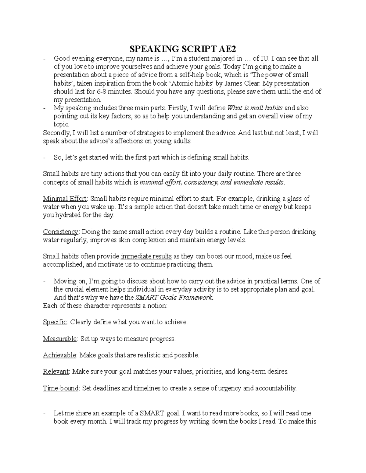 Speaking Script AE2 - SPEAKING SCRIPT AE Good evening everyone, my name ...