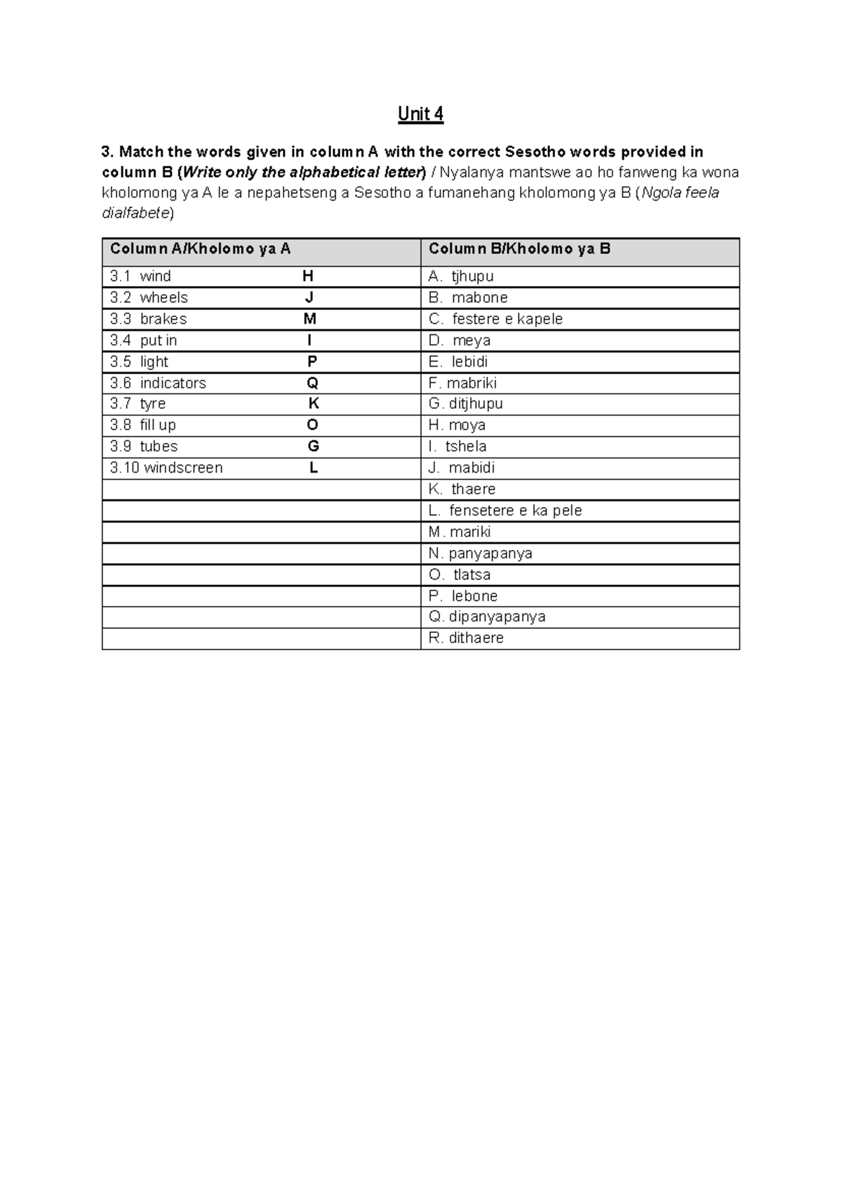 SSCL Unit 4 Memo: Vocabulary Matching & Translation Exercises - Studocu