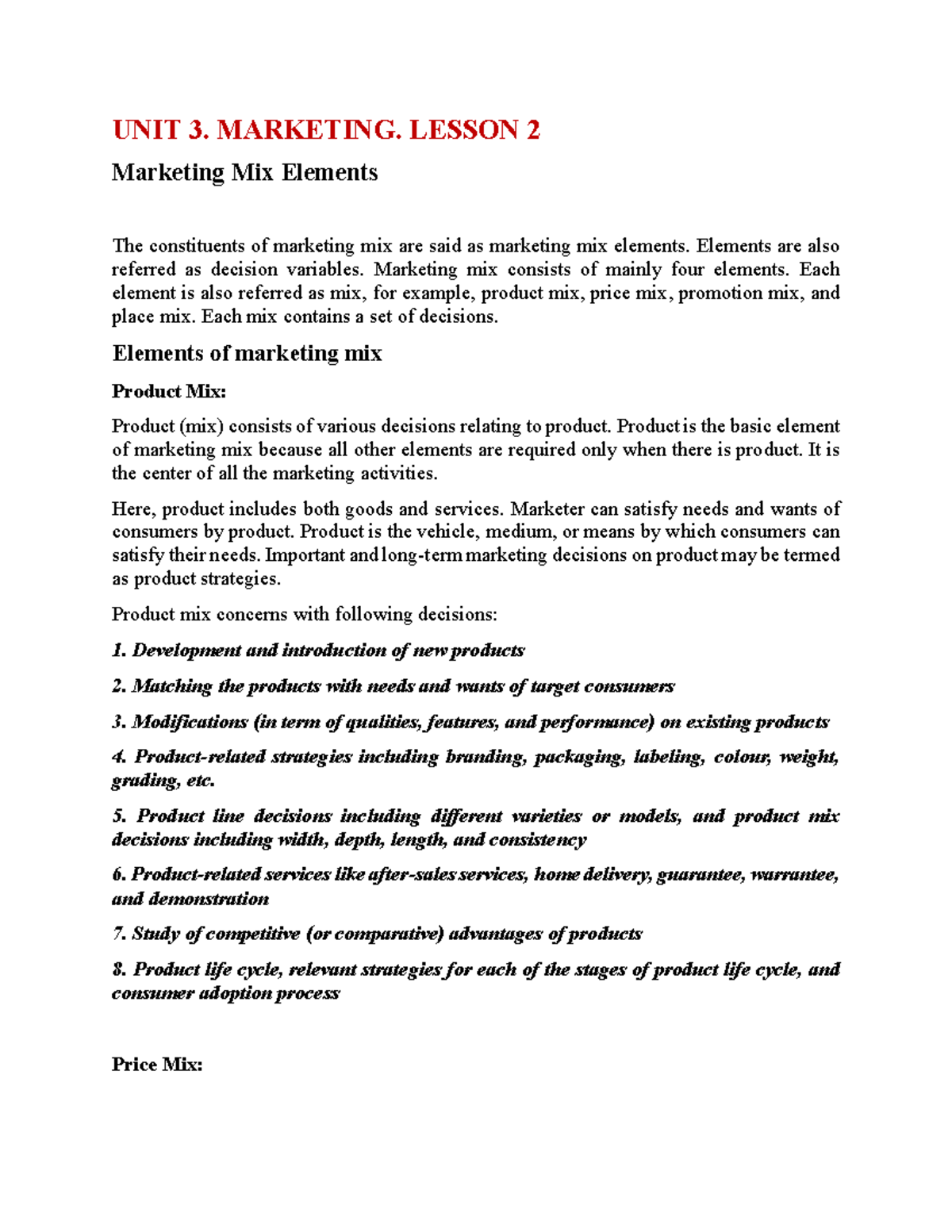 UNIT 3 Marketing Lesson 2: Understanding Marketing Mix Elements - Studocu