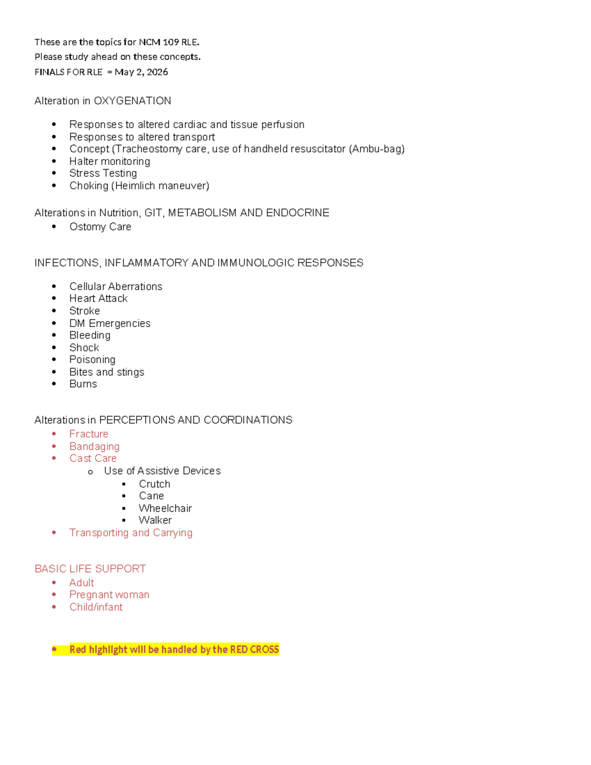 NCM 109 RLE Final Exam Study Topics for May 2026 - Studocu