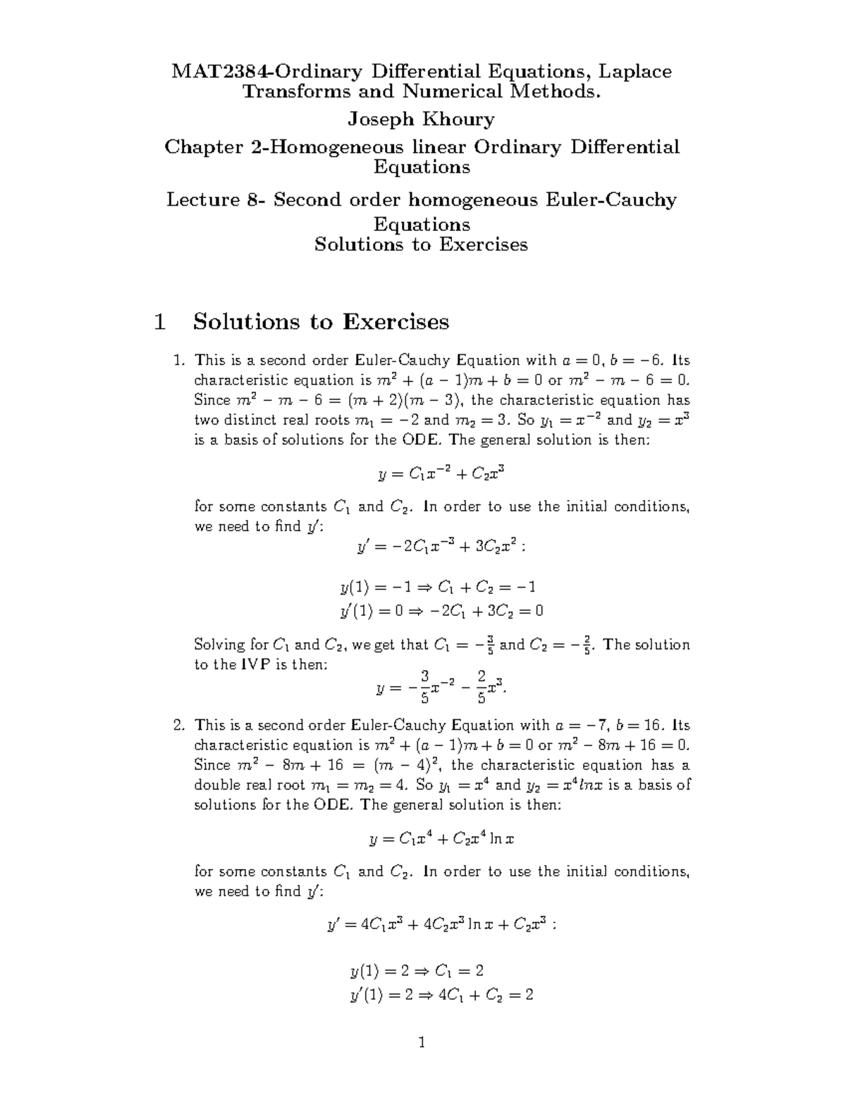 Solutions to Linear ODEs - Lecture 8 (Differential Equations) - Studocu