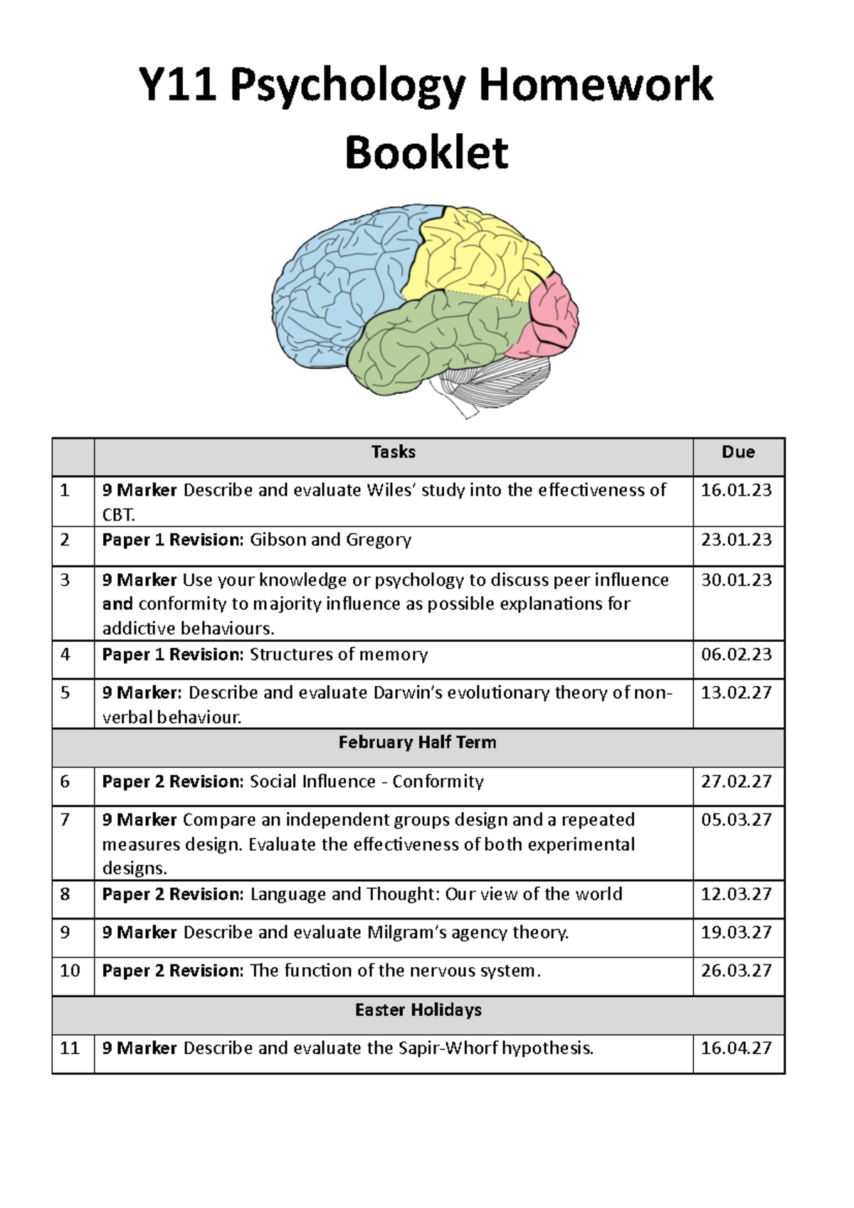 Y11 Psychology Homework Guide: Key Studies & Revision Tasks - Studocu