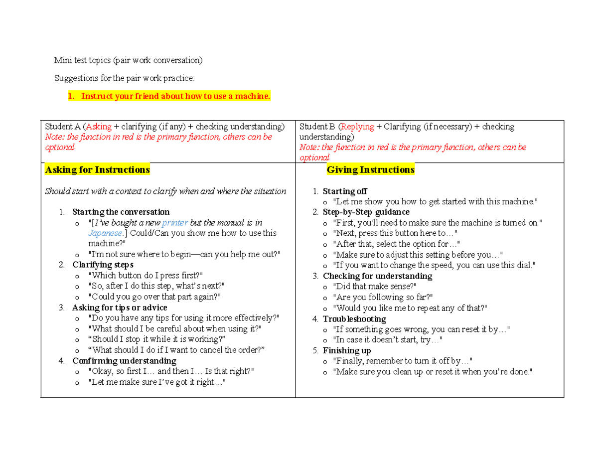 Mini Test Topics for Pair Work Practice in Speaking Skills - Studocu