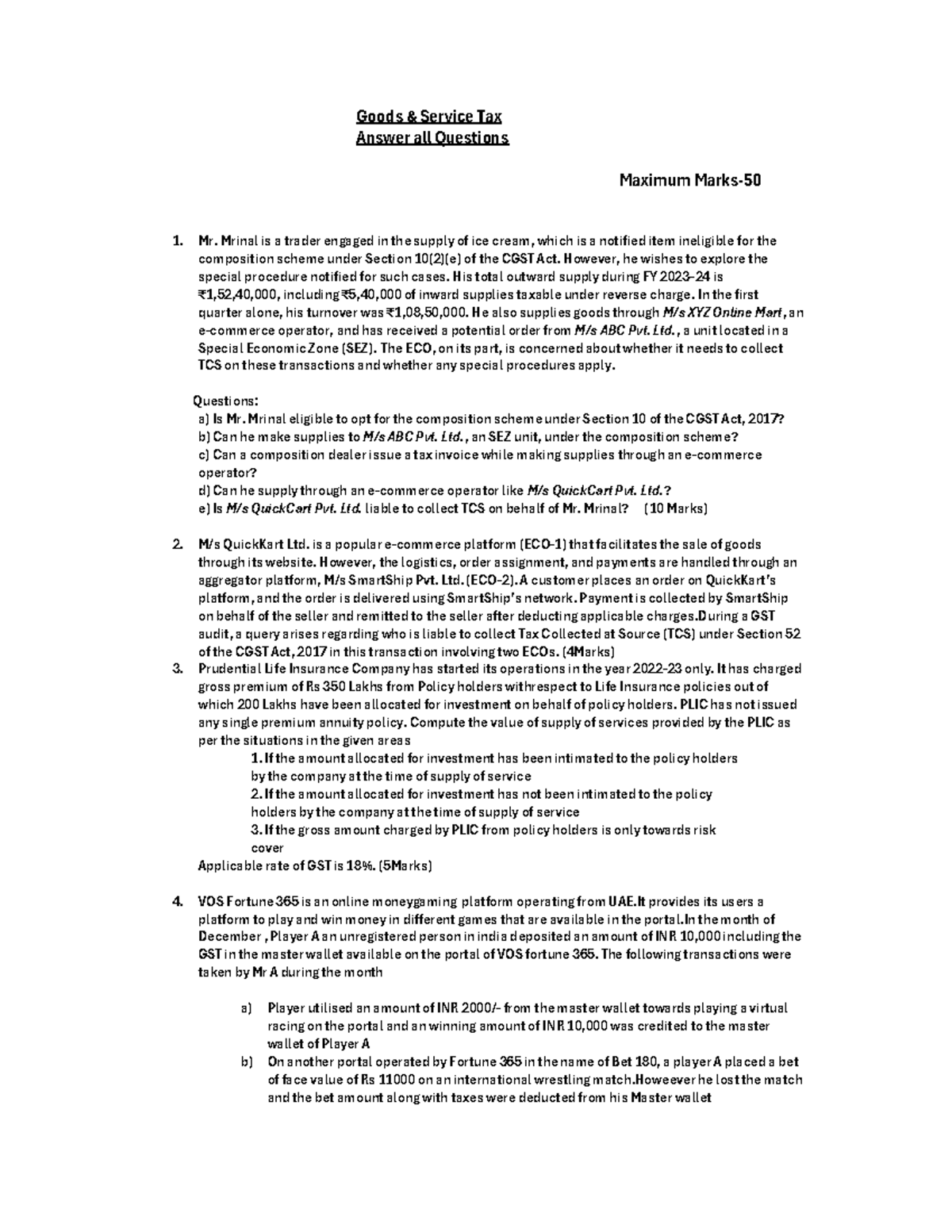 GST Model Question Paper - Goods & Services Tax Analysis - Studocu