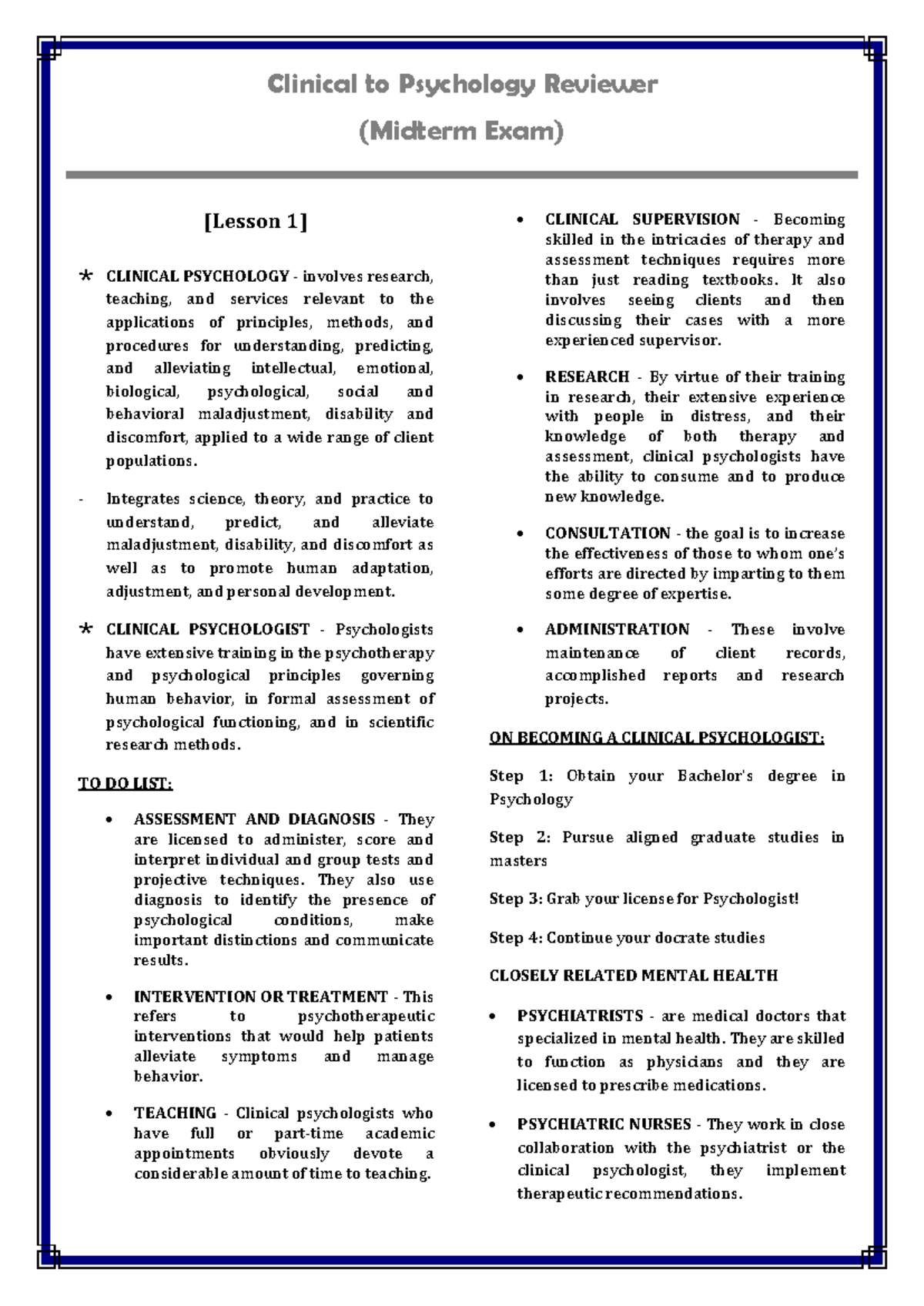 Clinical Psychology (Midterm Exam) - Comprehensive Reviewer - Document Preview