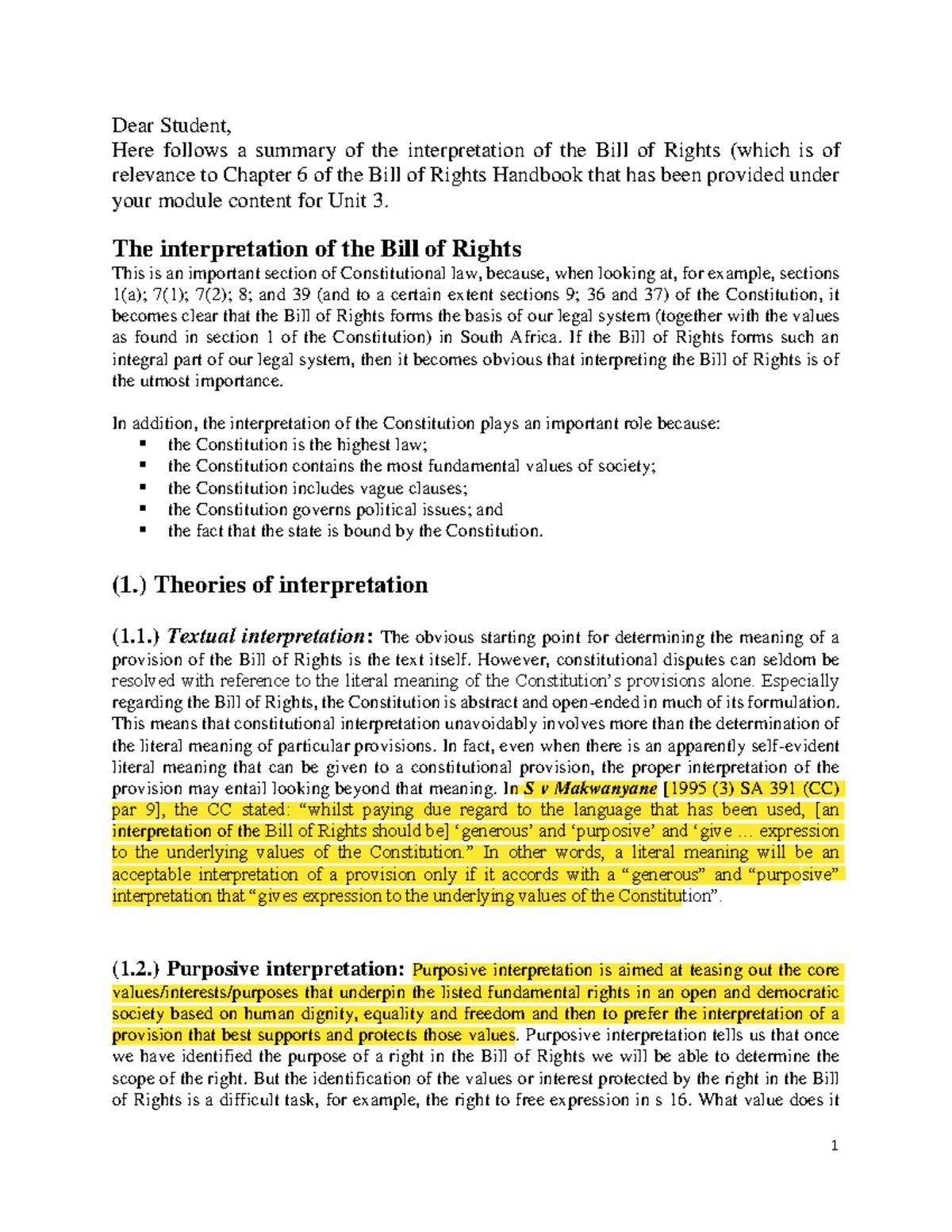 Unit 3 Lecture 2: Theories of interpreting the Bill of Rights - Studocu