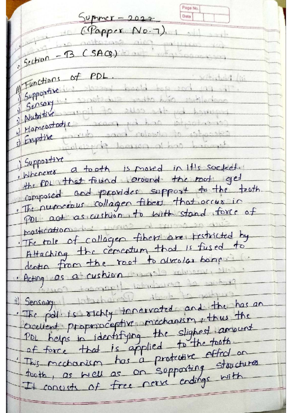 Summer 2022 Paper No. 7: Functions of Periodontal Ligament (PDL) - Studocu