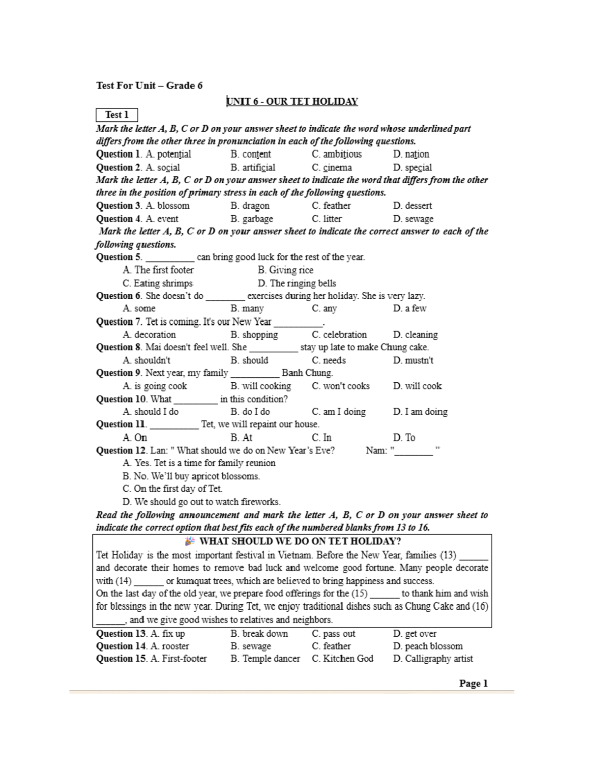 Test 1 - Unit 6 - Grade 6 - Pronunciation & Vocabulary Exercises - Studocu