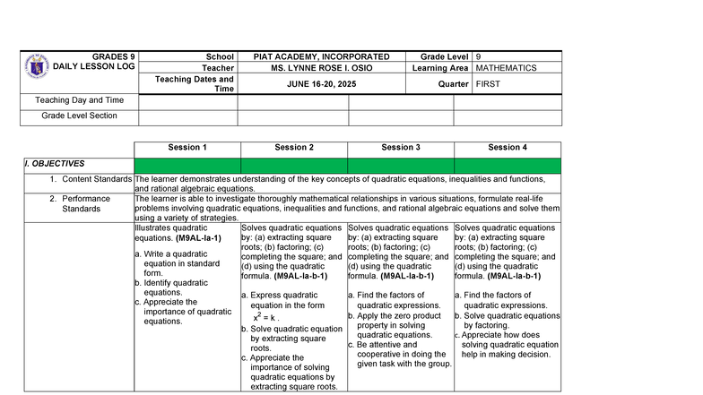 Grade 9 Math Daily Lesson Log: Quadratic Equations (DLL-WK 1-LC 1 ...