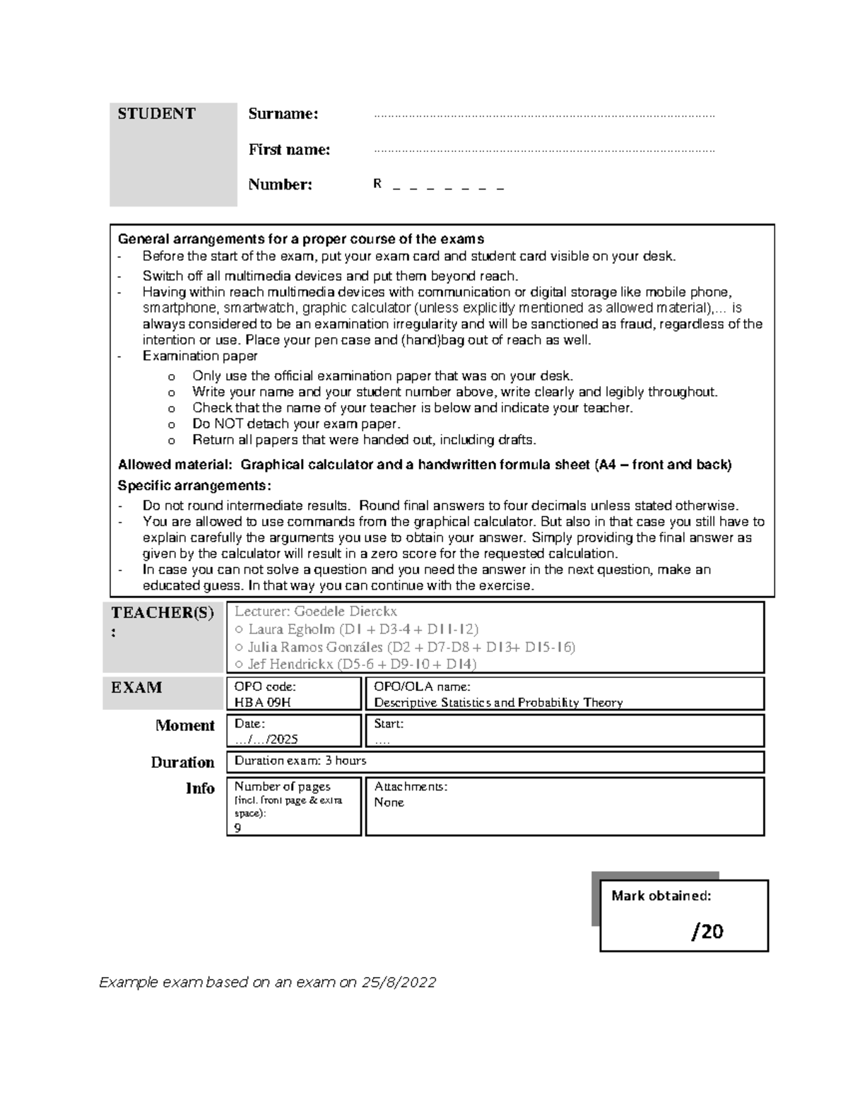 Example Exam HBA 09H: Descriptive Statistics & Probability Theory - Studocu