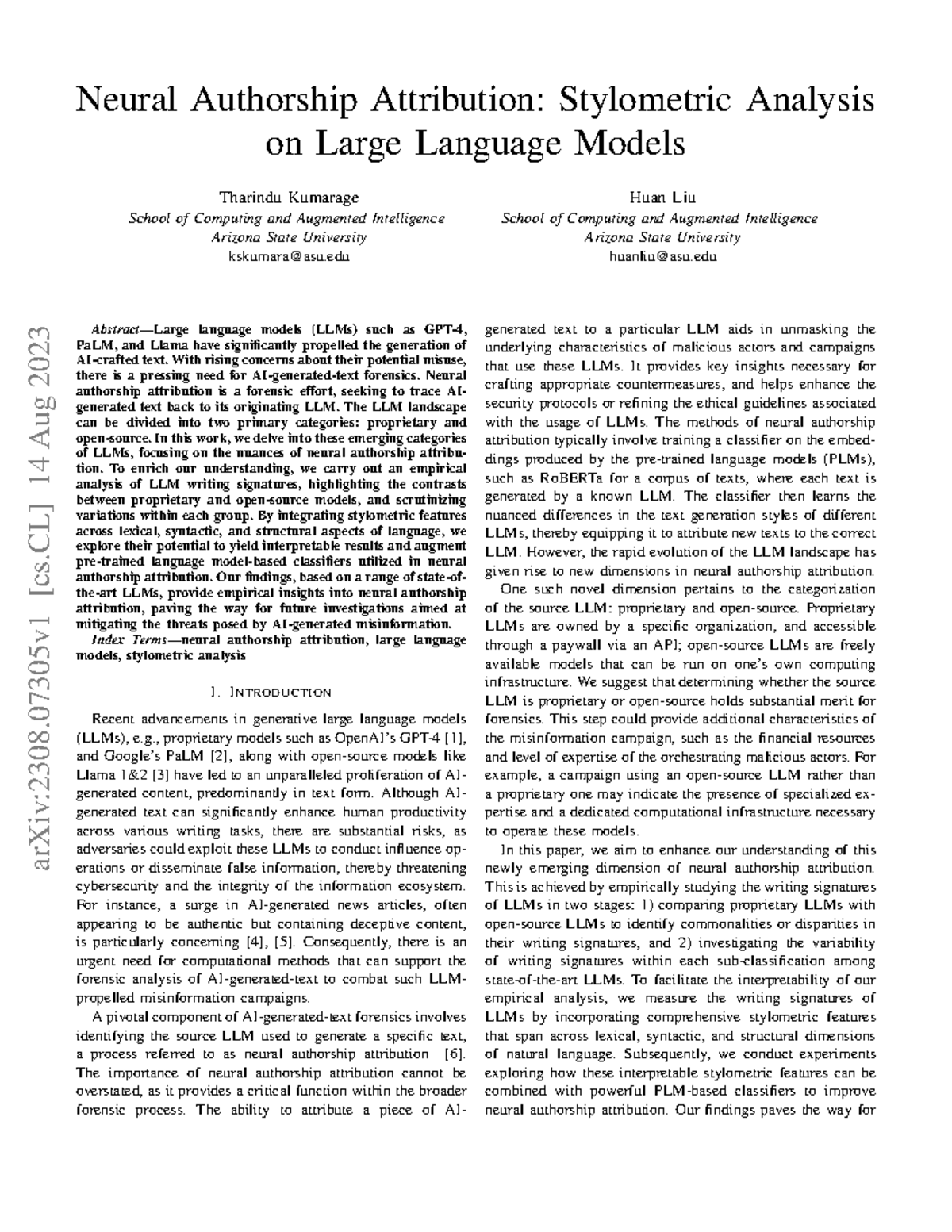 Neural Authorship Attribution: Stylometric Analysis of LLMs (2308 ...