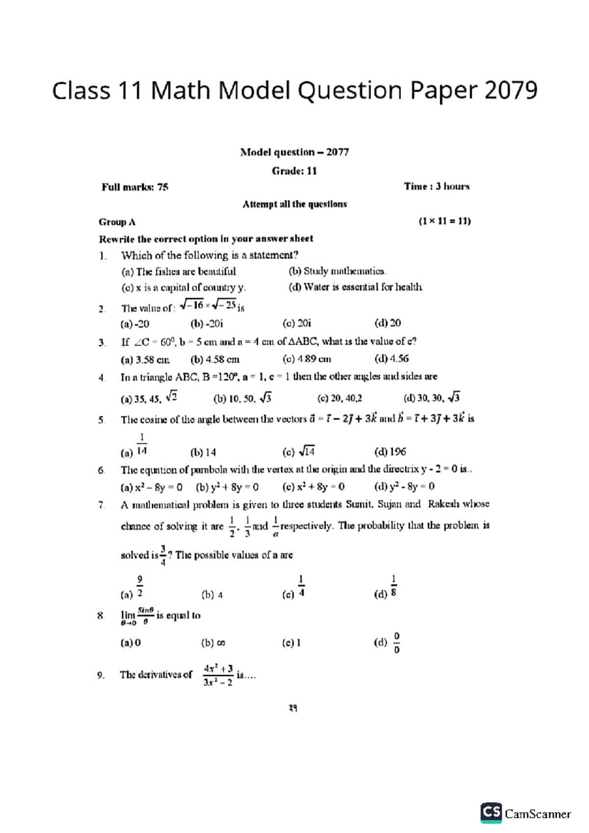 Class 11 Math Model Question Paper 2079 - Set 1 - Studocu