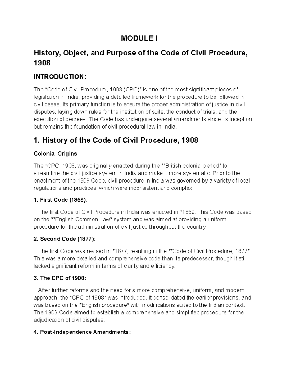 CPC VII SEM Com - Notes on History, Purpose, and Jurisdiction of Civil ...