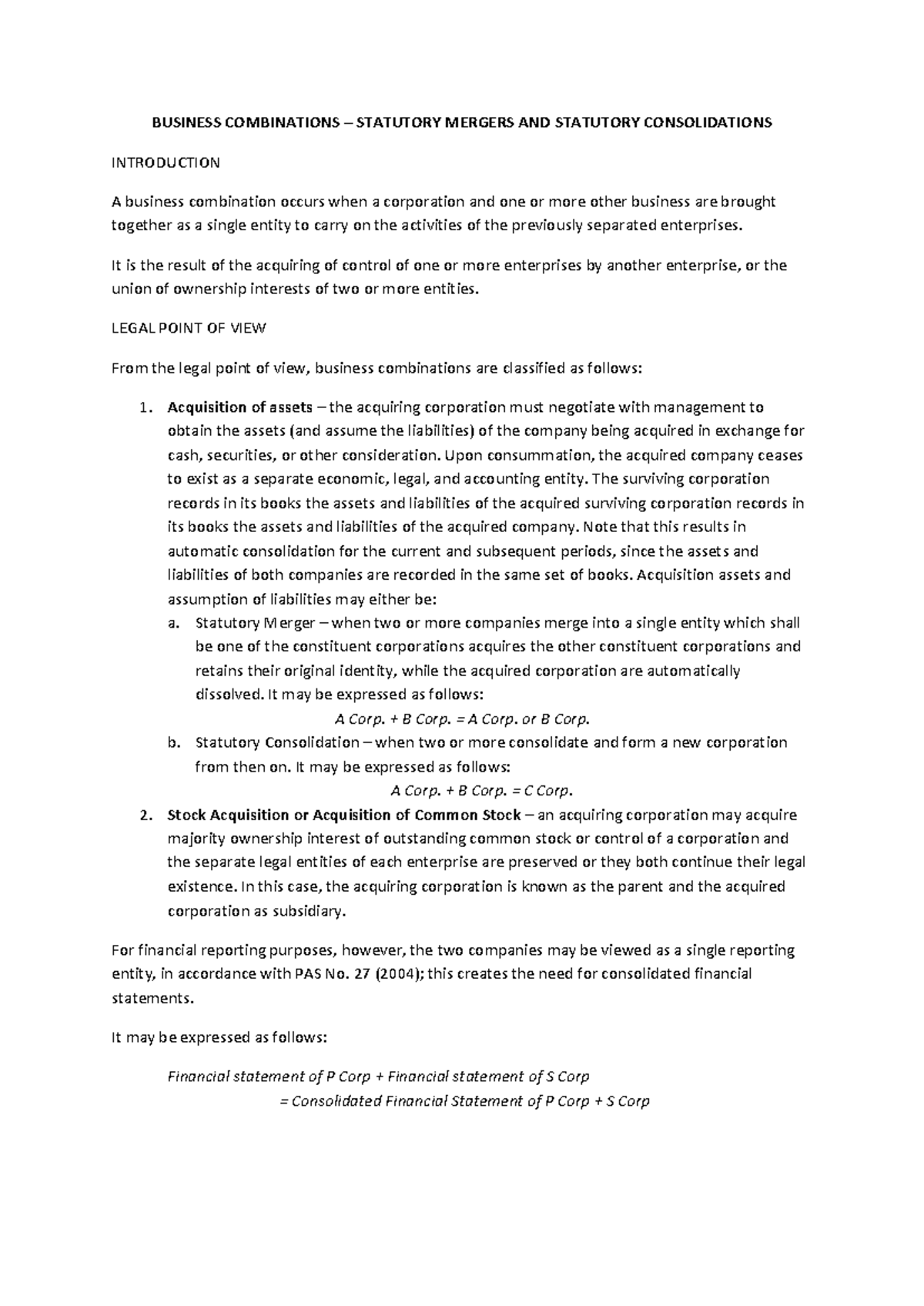 Business Combination lecture and sample probs - BUSINESS COMBINATIONS ...