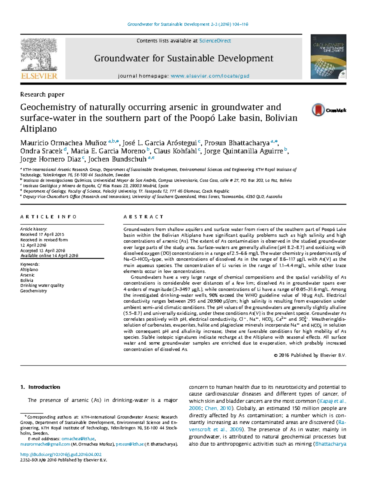 Geochemistry of Arsenic in Groundwater of Poopó Lake Basin, Bolivia ...