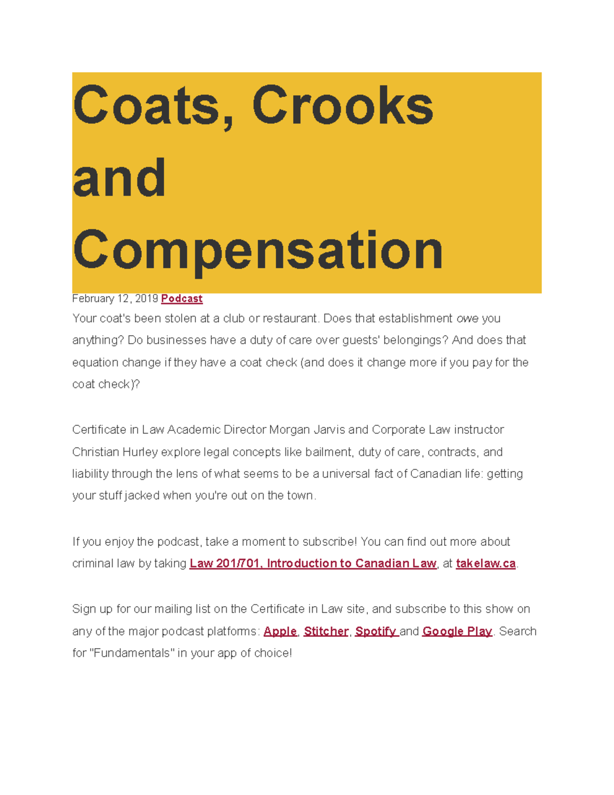 Coats, Crooks and Compensation: Legal Insights on Duty of Care in Law ...