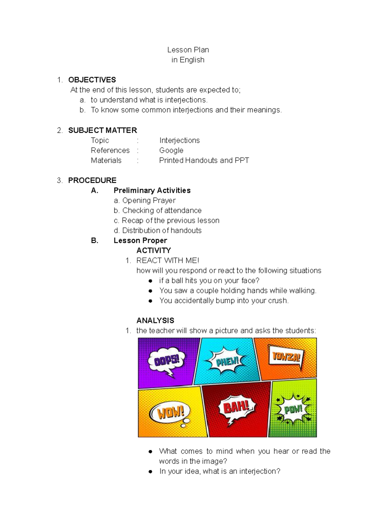 ENG 101: Semi-Detailed Lesson Plan on Interjections - Studocu