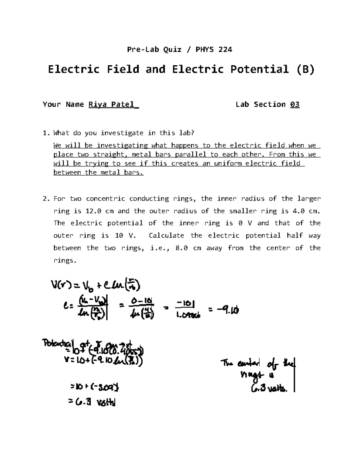 Pre-Lab Quiz - PHYS 224: Electric Fields & Potentials Lab II - Studocu
