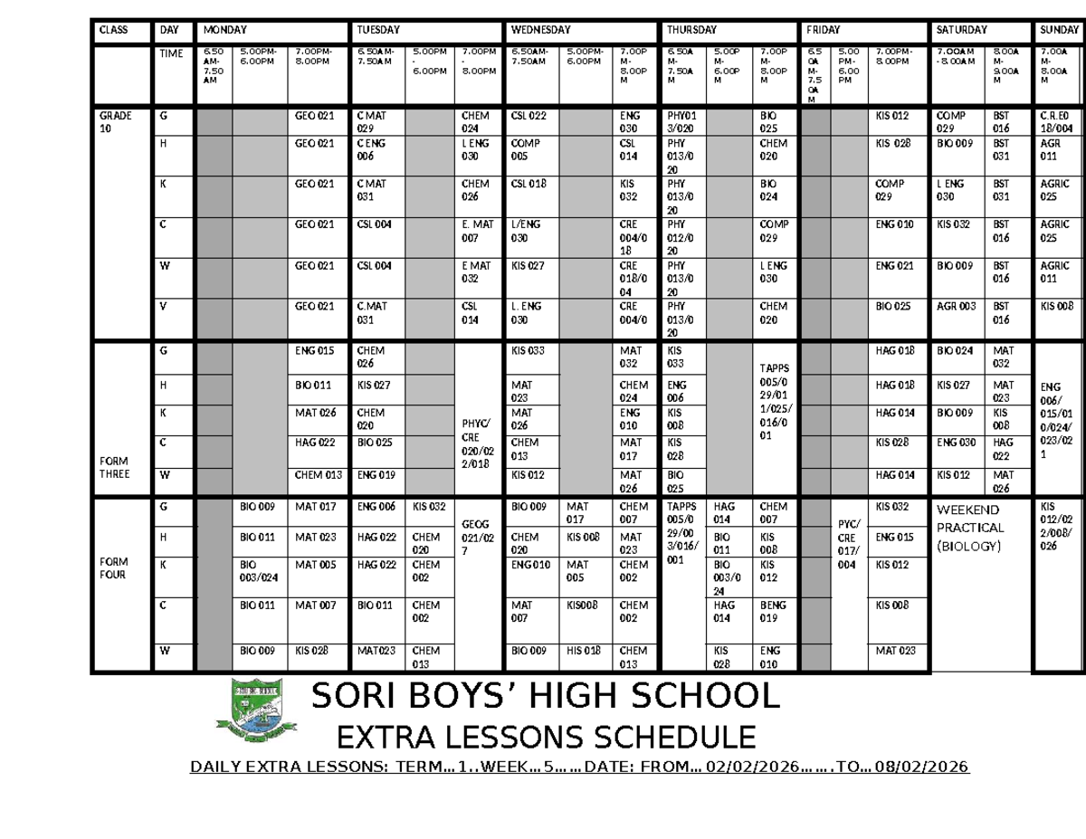 WEEK 5 Extra Lessons Schedule - GRADE 10 & 11 - Studocu