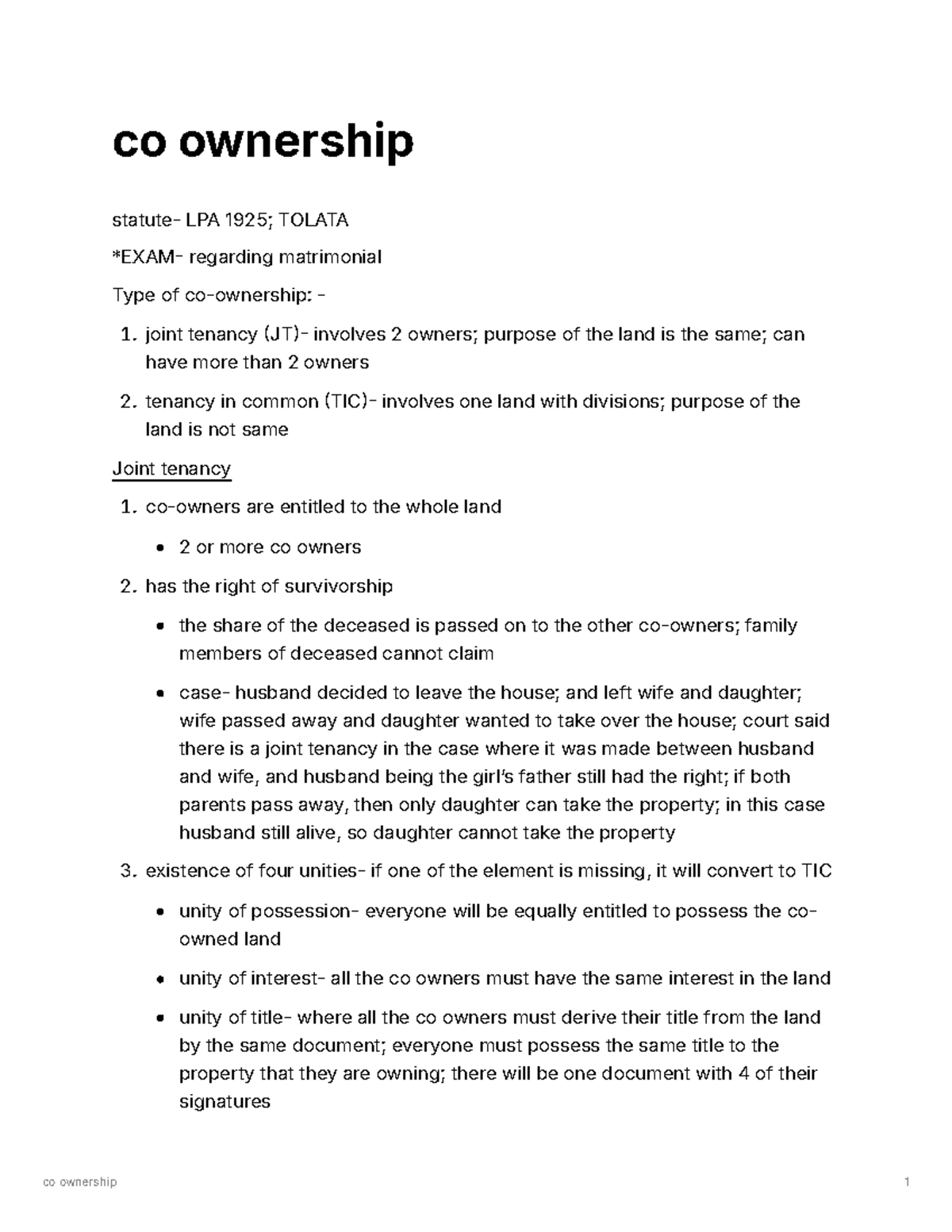 Co ownership notes - co ownership statute- LPA 1925; TOLATA *EXAM ...