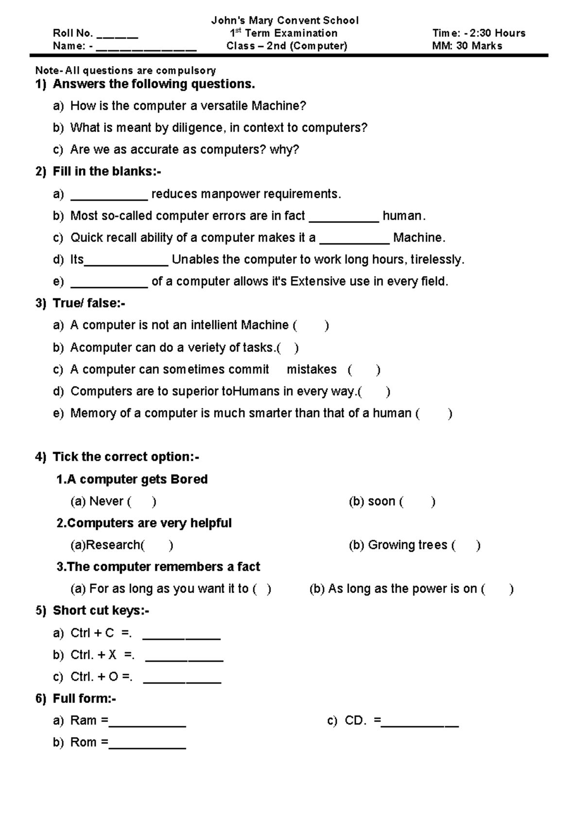 Class 2nd Computer 1st Term Exam Questions and Answers - Studocu