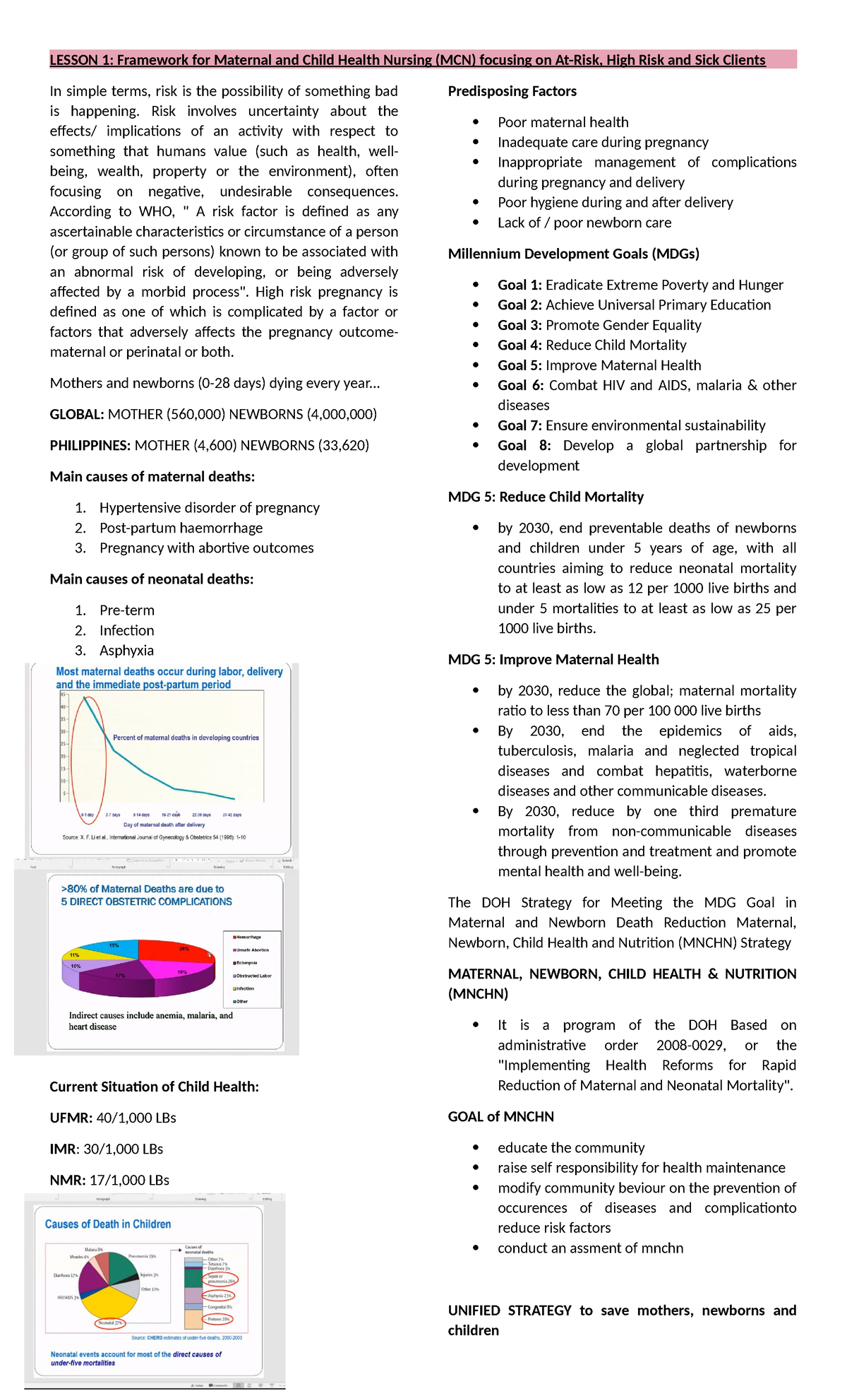 MCN Lesson 1 - Framework for Maternal and Child Health Nursing - Studocu