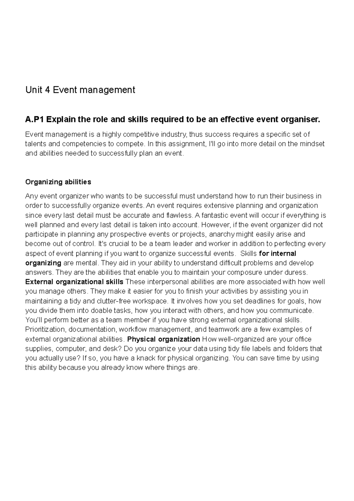 Unit 4: Skills and Roles in Event Management Success - Studeersnel