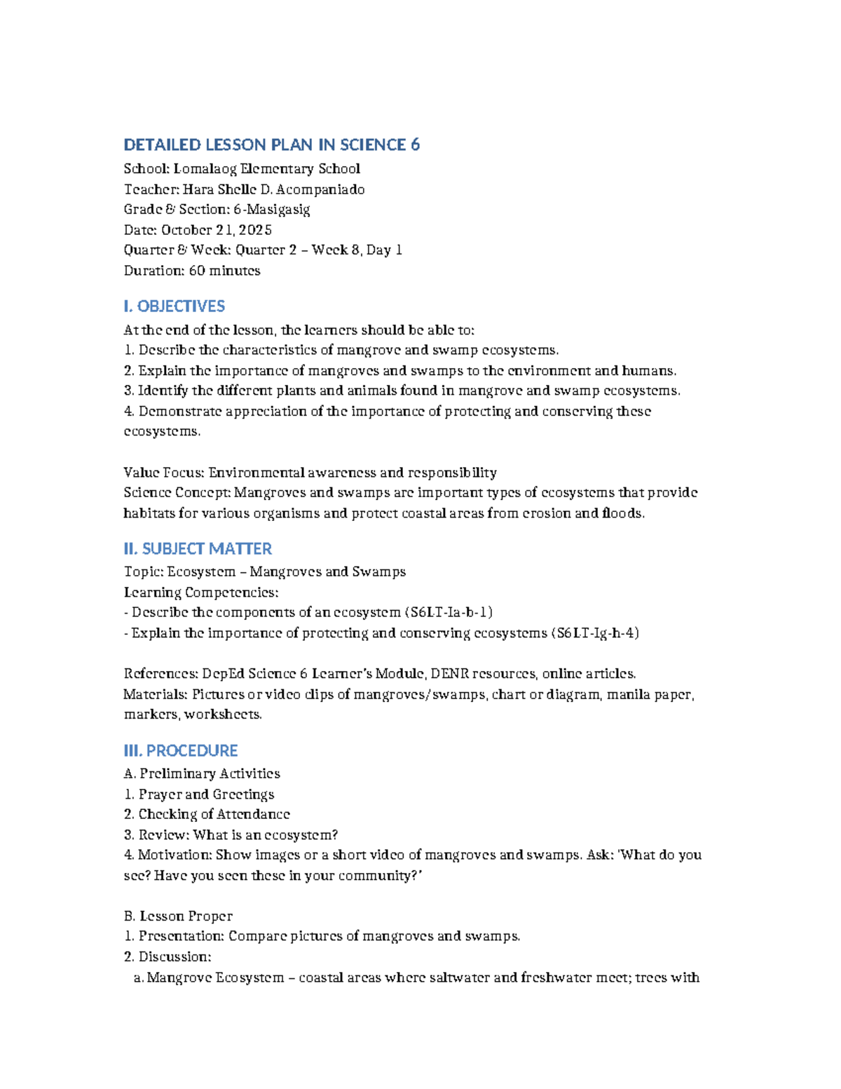 Science 6 Detailed Lesson Plan: Ecosystem of Mangroves & Swamps - Studocu