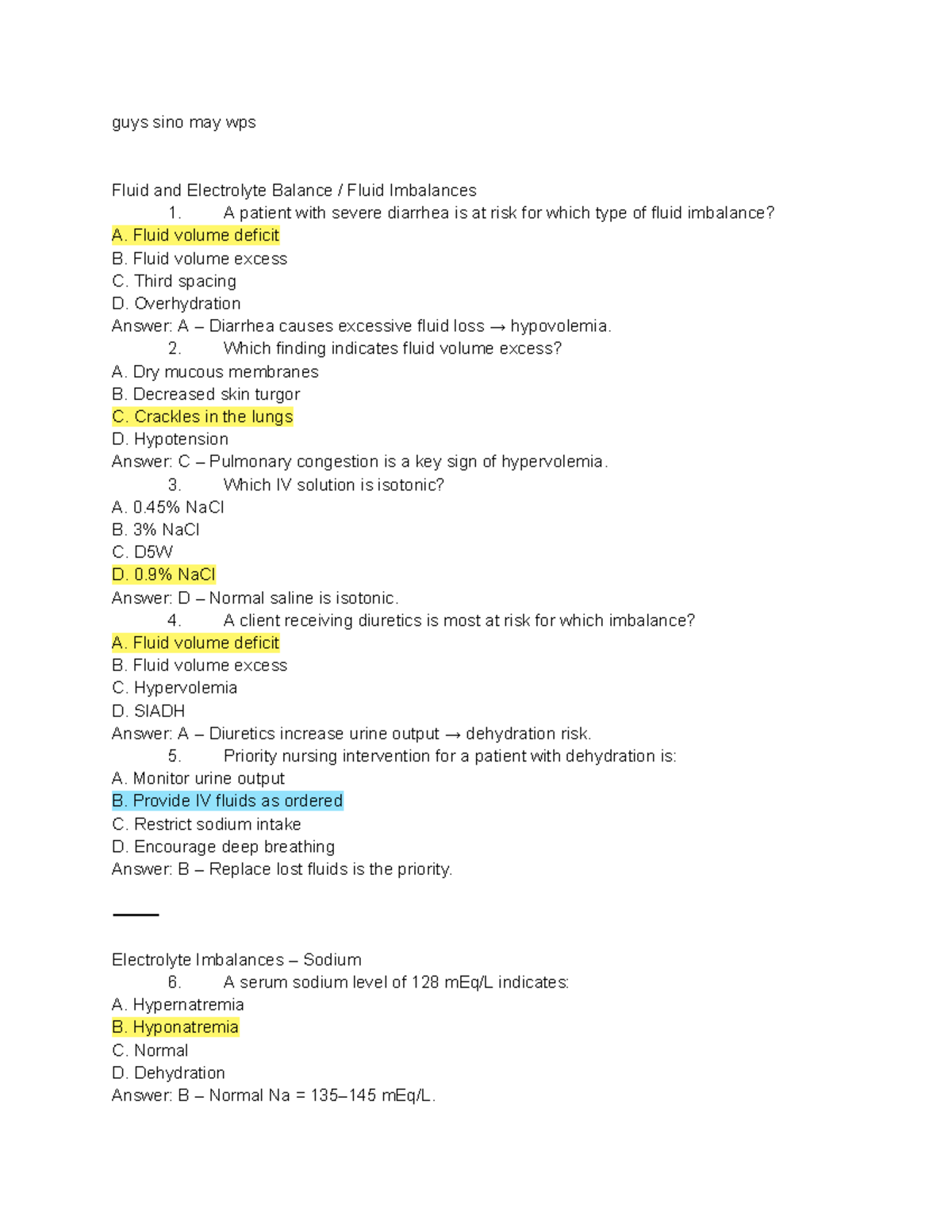 MS 45 Items: Fluid and Electrolyte Balance Study Guide - Studocu