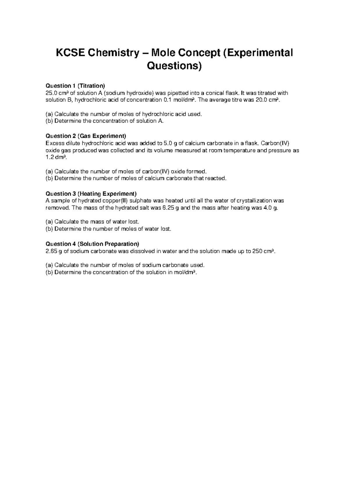 KCSE Chemistry Mole Concept Experimental Questions and Solutions - Studocu