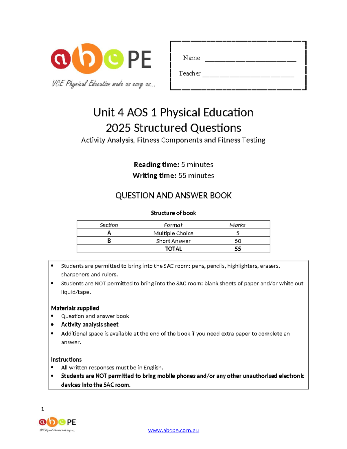 PE Unit 4 AOS 1 SAC: Activity Analysis & Fitness Testing Guide - Studocu