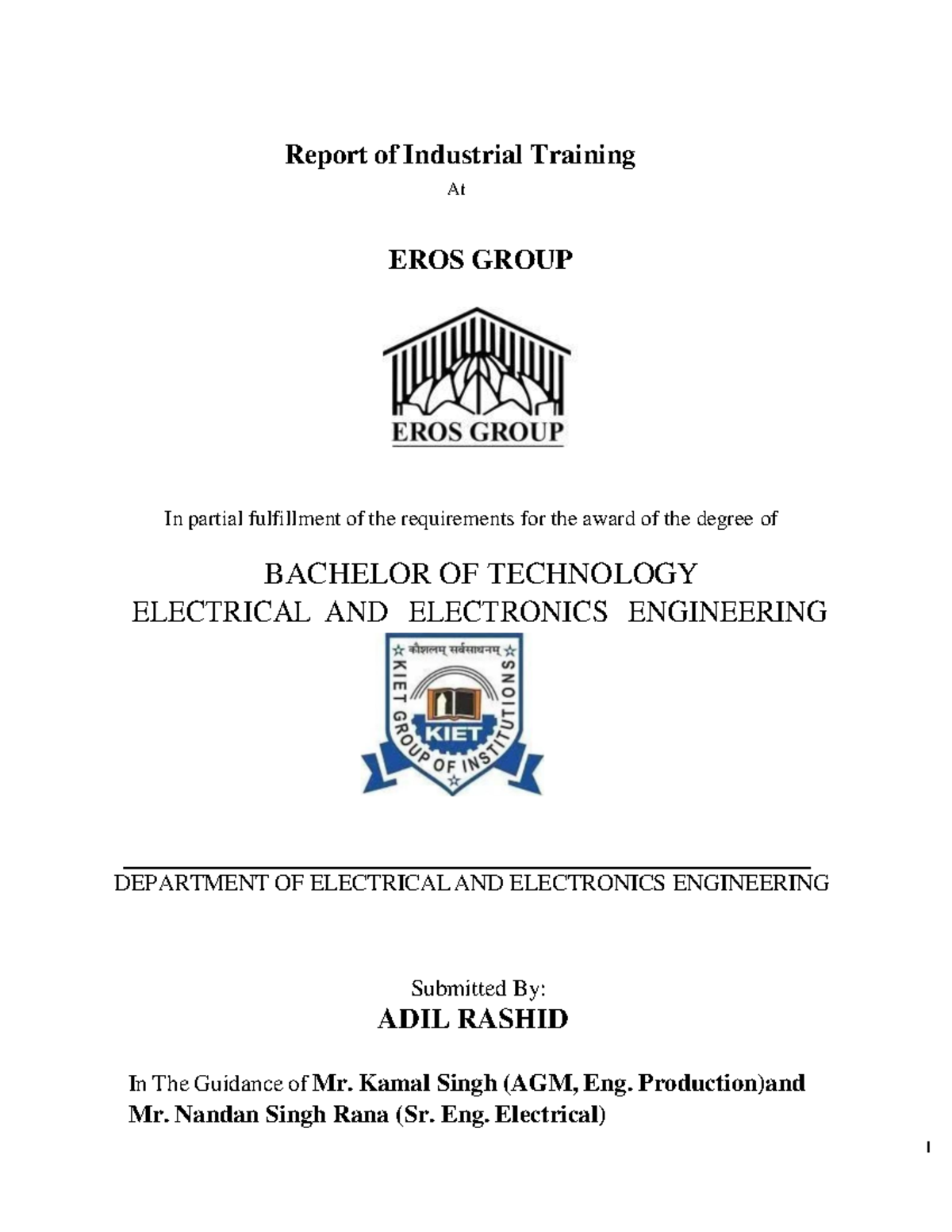Internship Report on Electrical Engineering at EROS GROUP (ADIL 004 ...