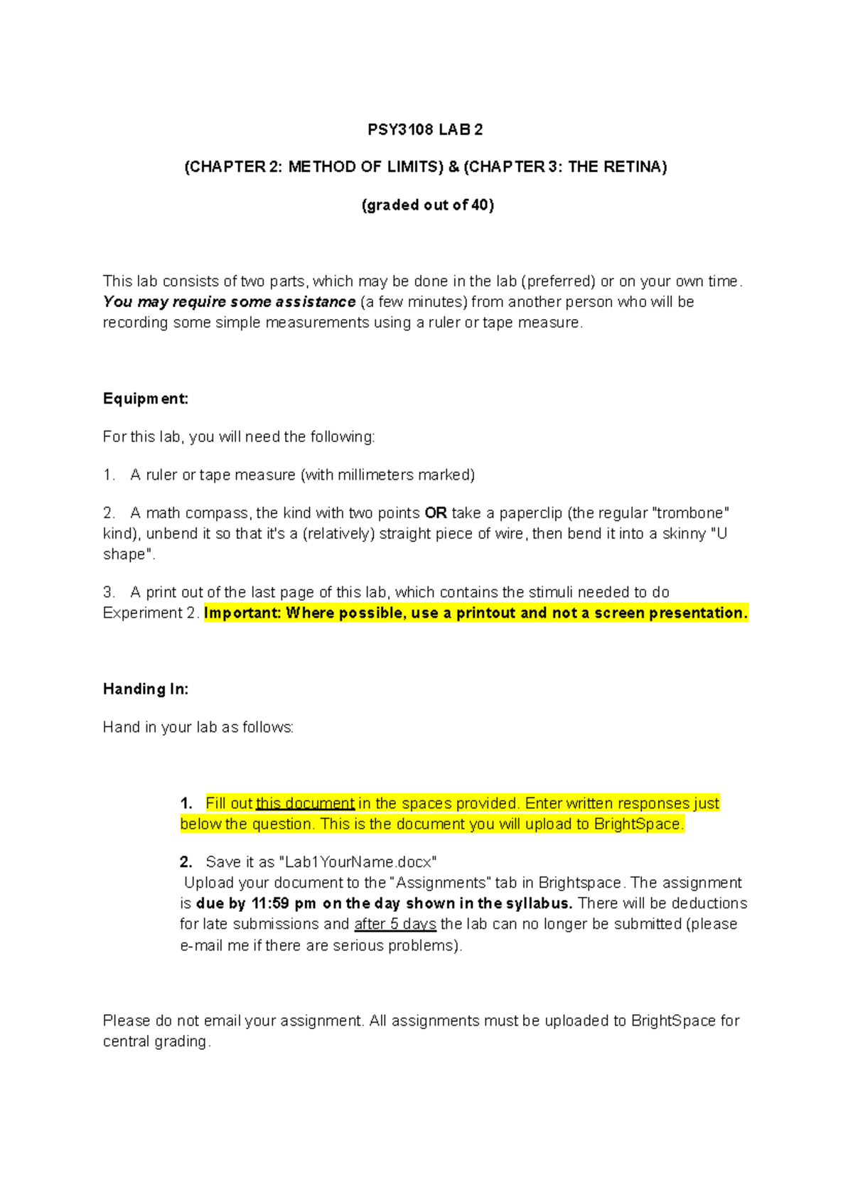 PSY3108 LAB 2 - Method of Limits & Blind Spot Mapping (40/40) - Studocu