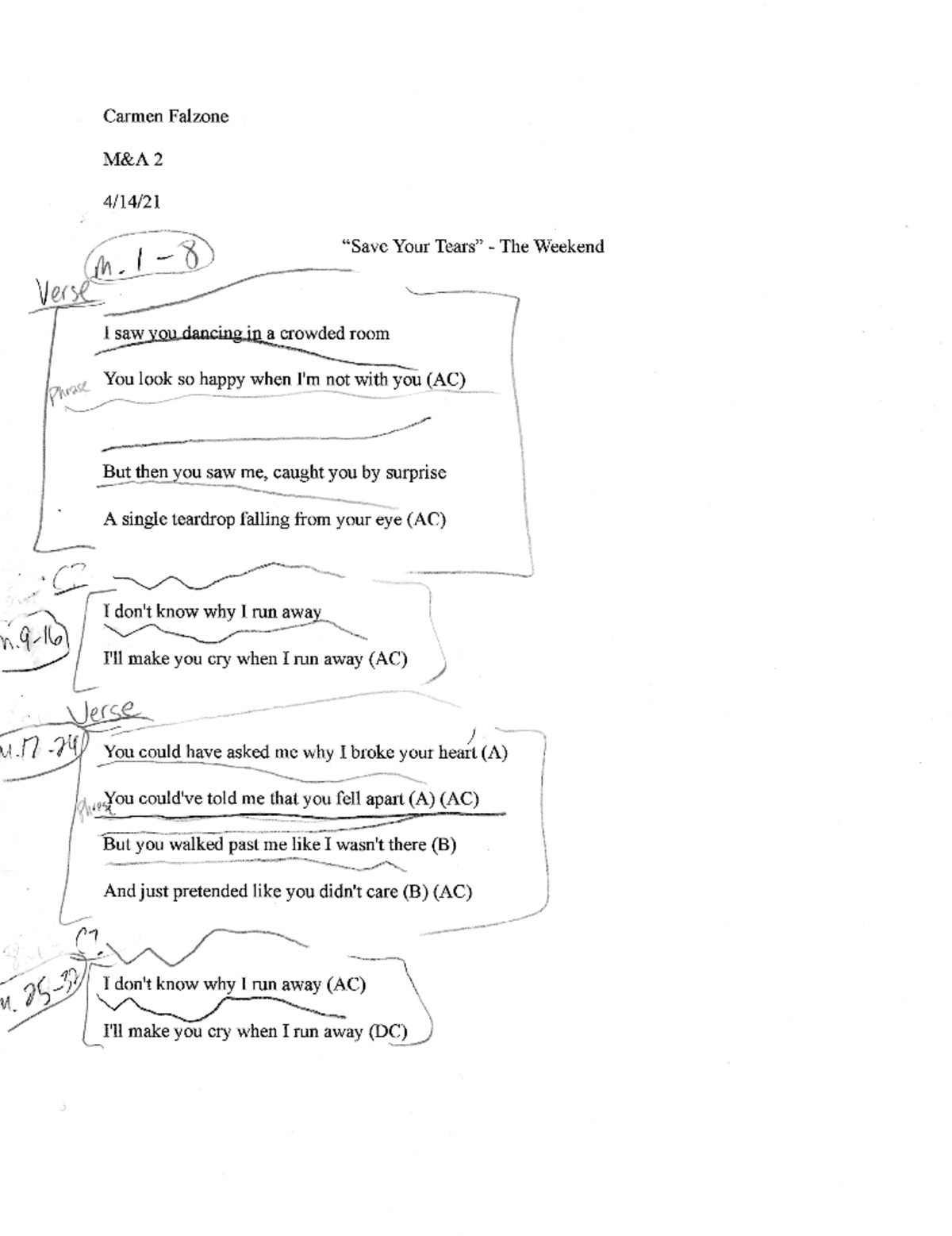 Song Form Identification Assignment - Carmen Falzone 2 m 8 Your The ...