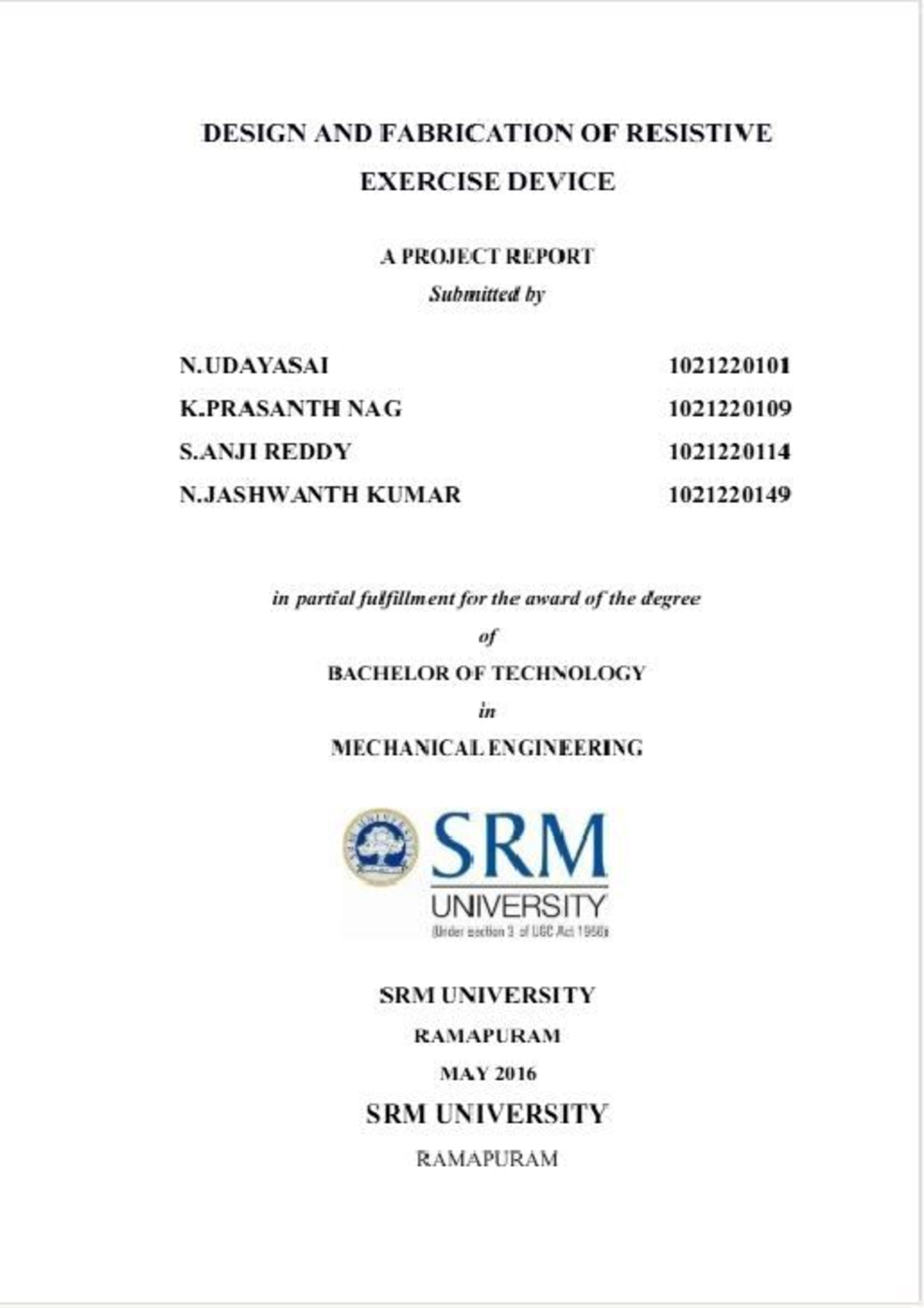 B.Tech Project Report: Design & Fabrication of Resistive Exercise ...
