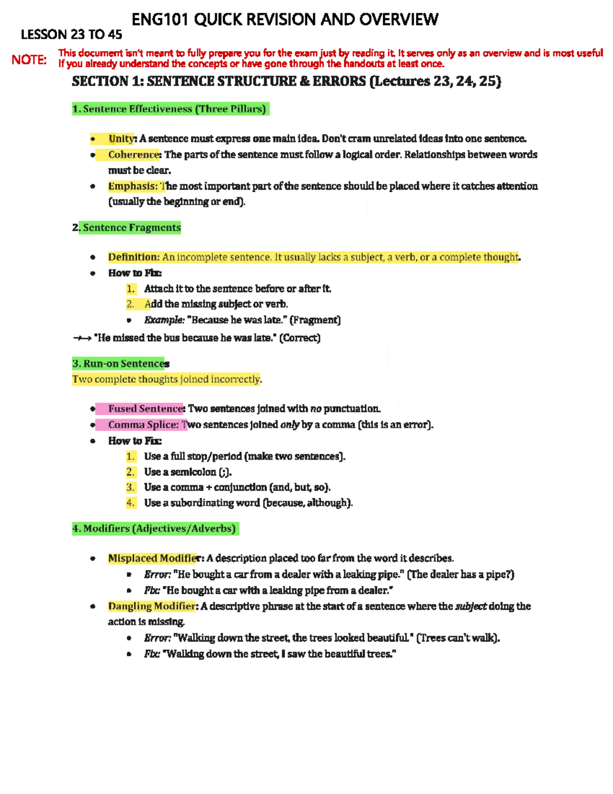 ENG101 Final Exam Quick Overview: Lessons 23-45 Review - Studocu