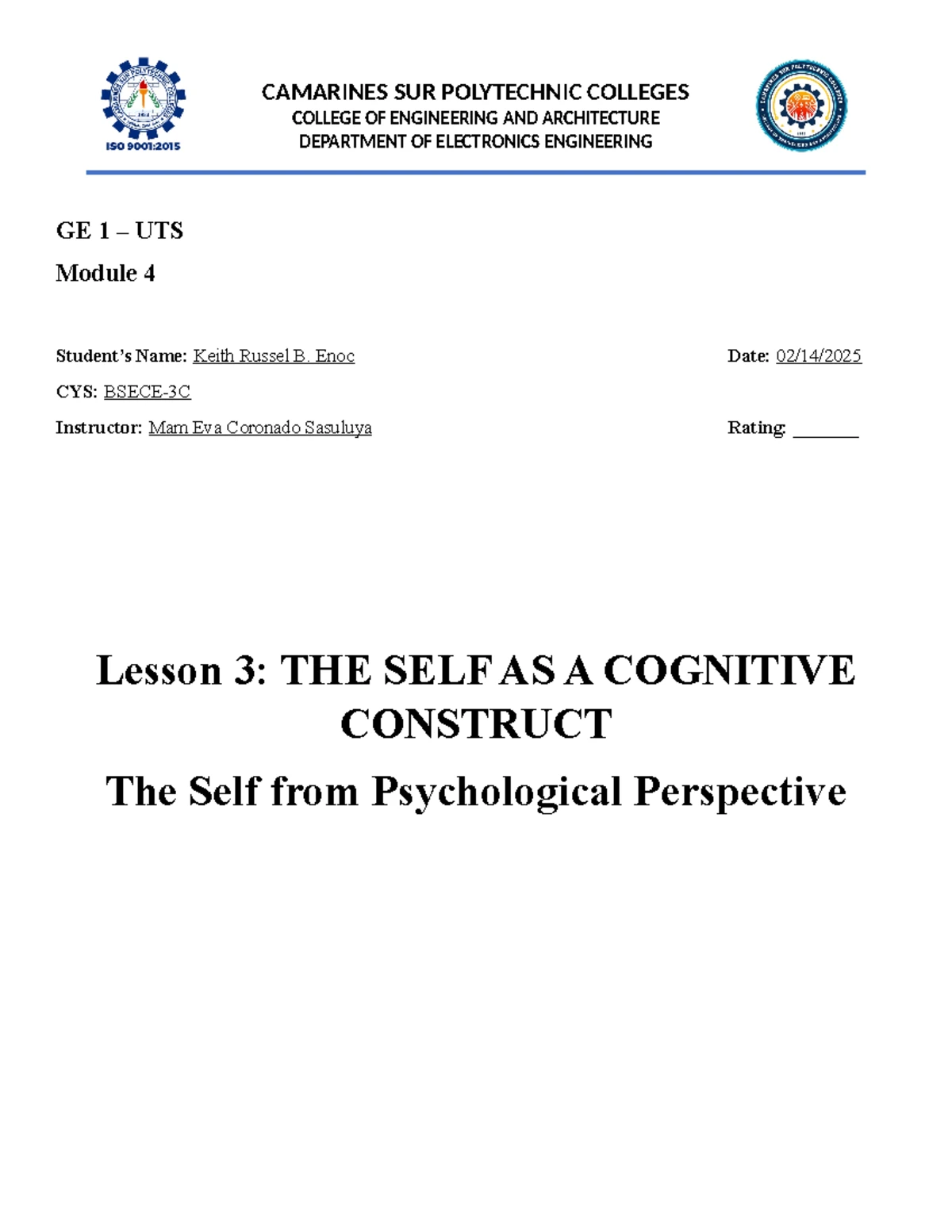 GE 1 – UTS Lesson 1: Exploring the Concept of Self and Personal Growth ...