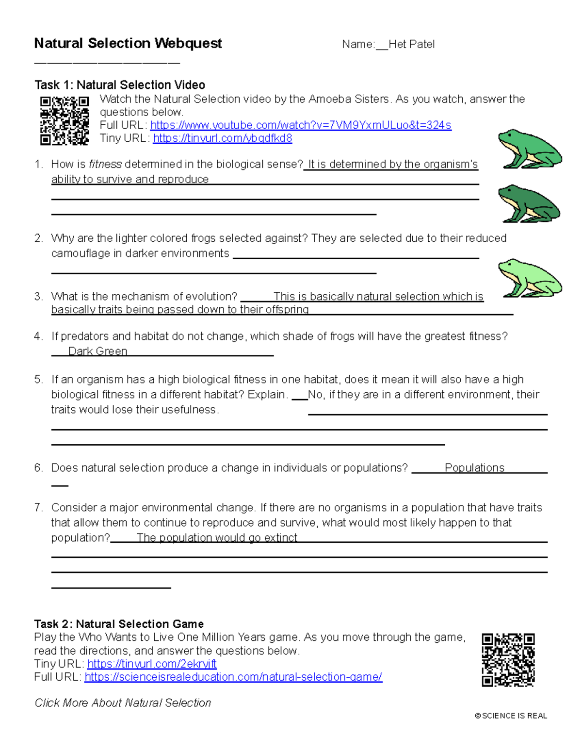 Natural Selection Webquest Guide: Tasks &amp; Quiz Answers - Studocu