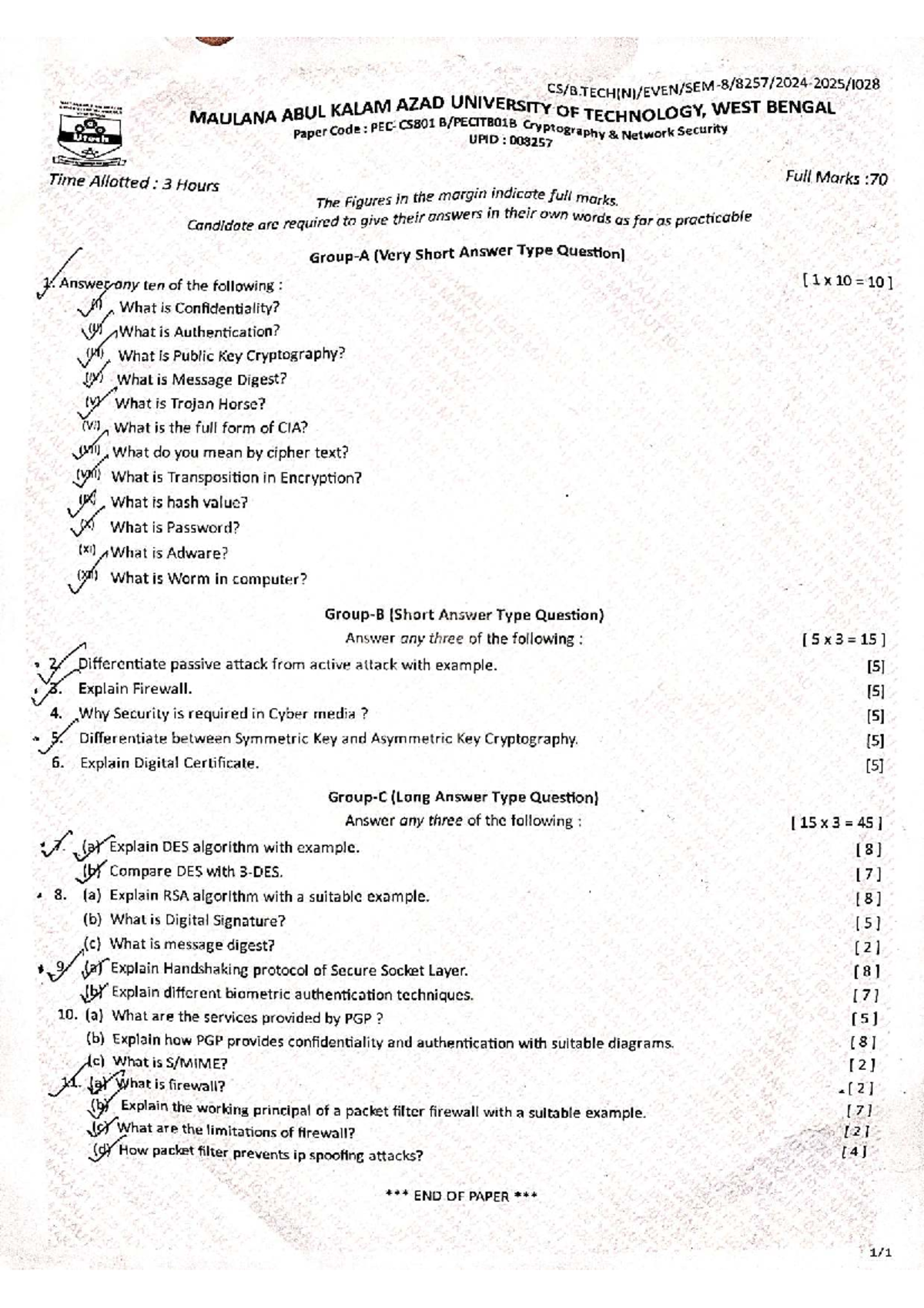 CS801 Cryptography & Network Security - Sem 8 Question Paper 2025 - Studocu