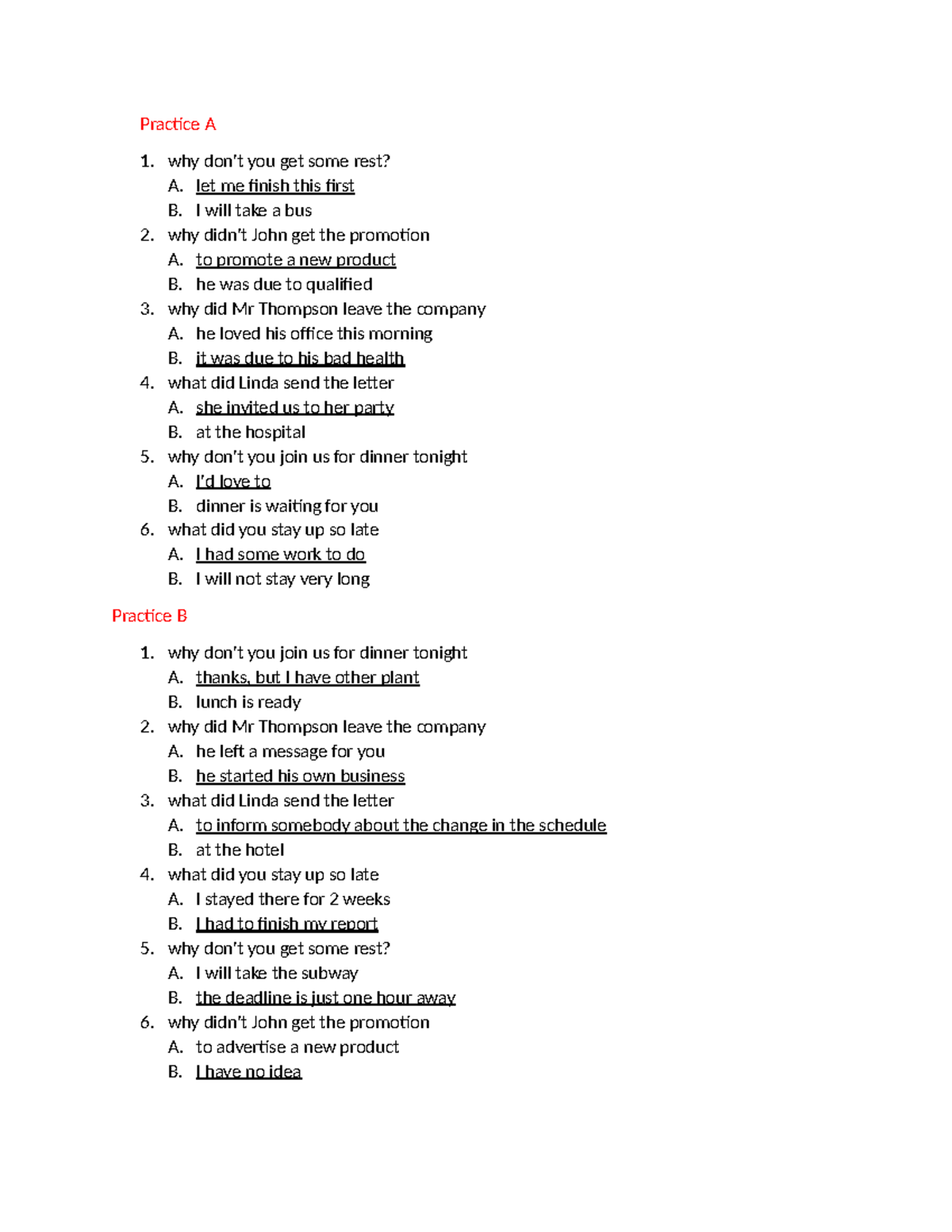 Practice A & B: English Conversation Questions - ENG 2-4-09 - Studocu