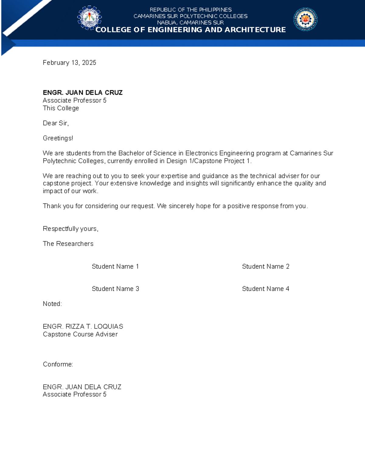 Letter to adviser - ec3e - REPUBLIC OF THE PHILIPPINES CAMARINES SUR ...
