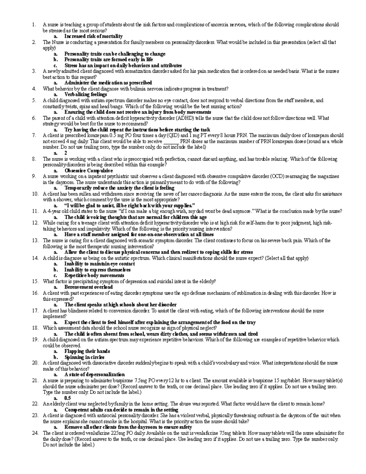 Mental Health NUR 305 Final Exam Questions Review - Studocu