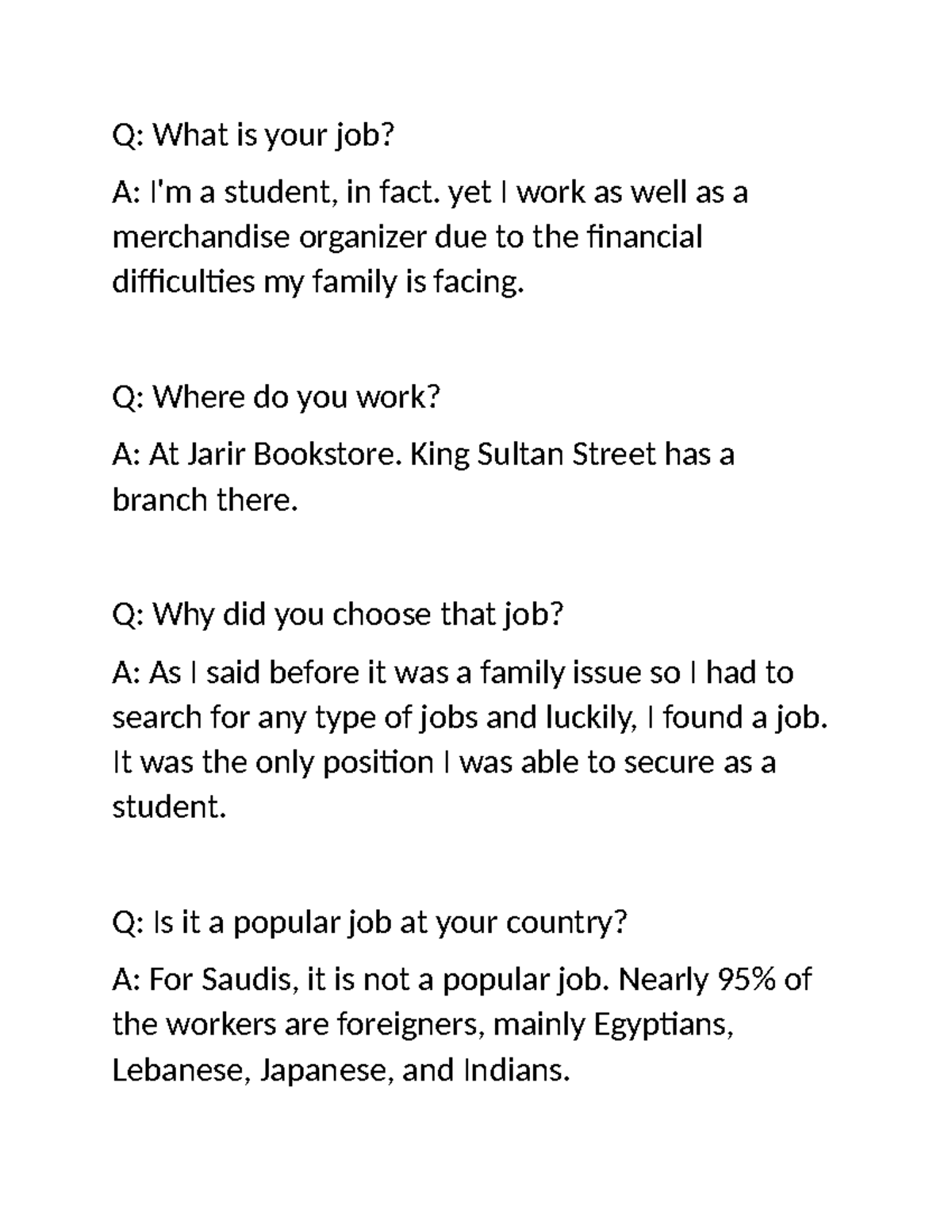 Speaking Part 1 - Work Experience (Student Job) - Studocu