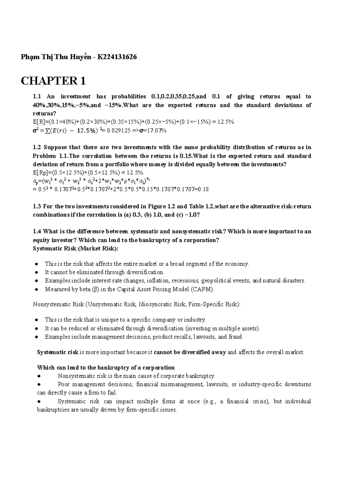 K224131626 CHAPTER 1: Investment Returns and Risk Analysis - Studocu