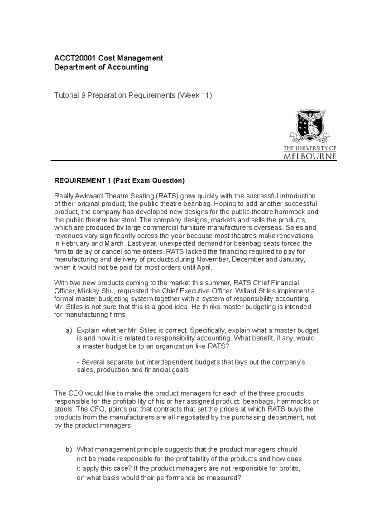 ACCT20001 Tutorial 9 Prep: Cost Mgmt & Budgeting Concepts - Studocu