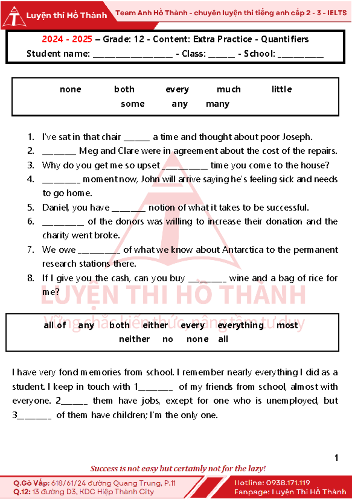 Grade 12 Extra Practice: Quantifiers Mastery Exercises - Studocu