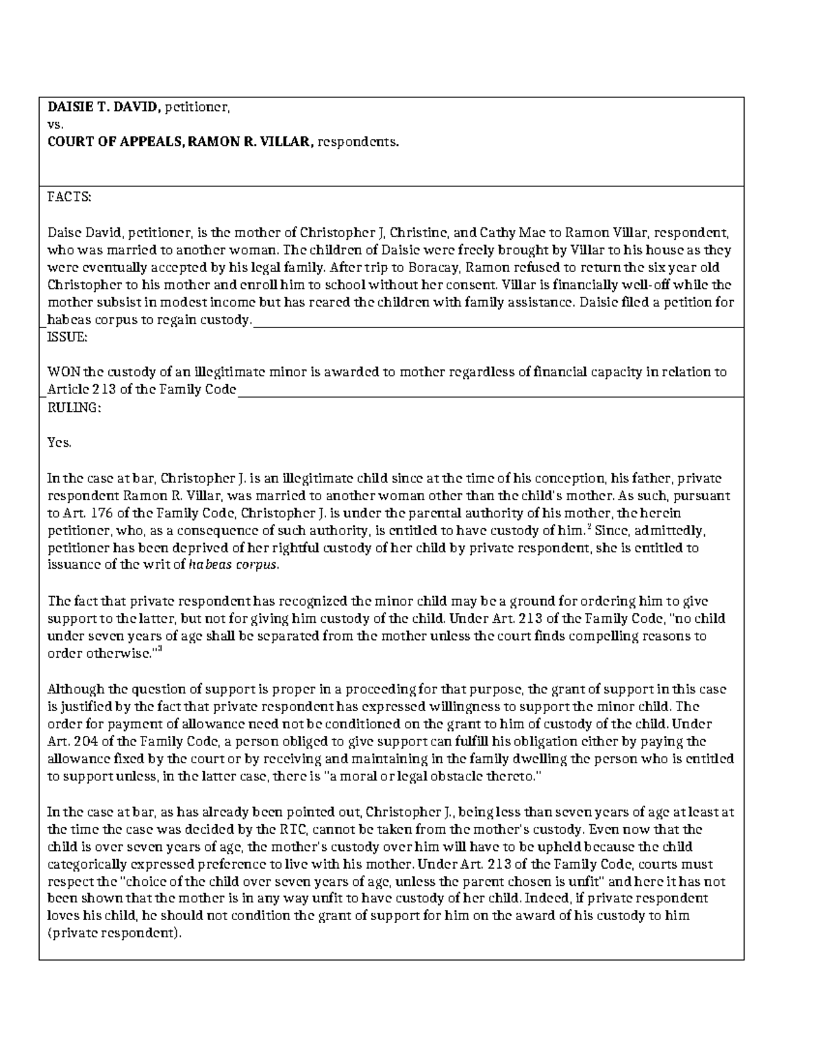 David vs. CA: Custody of Illegitimate Minor - Case Digest - Studocu