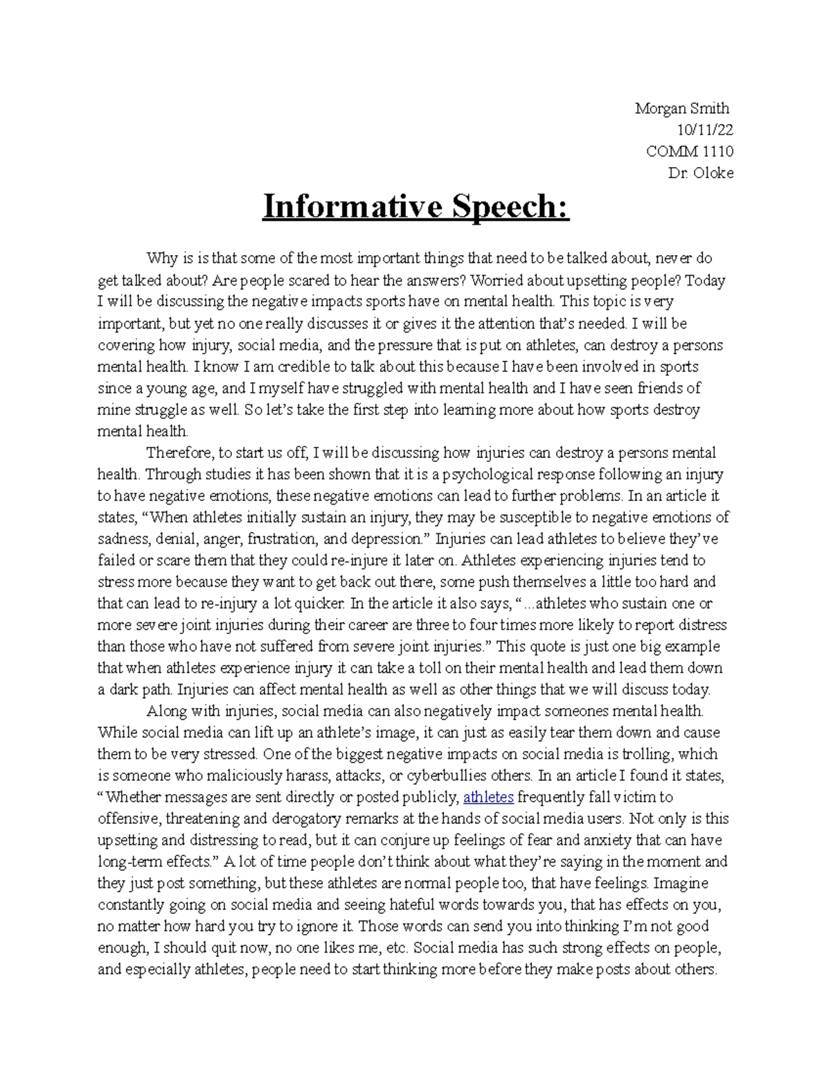 Mental Health Awareness Speech